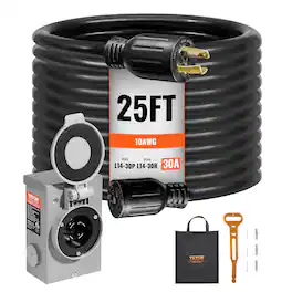 VEVOR - 30 Amp Generator Cord and Power Inlet Box Kit, 25 FT, NEMA L14-30P/L14-30R STW 10 AWG Generator Power Extension Cord - Black
