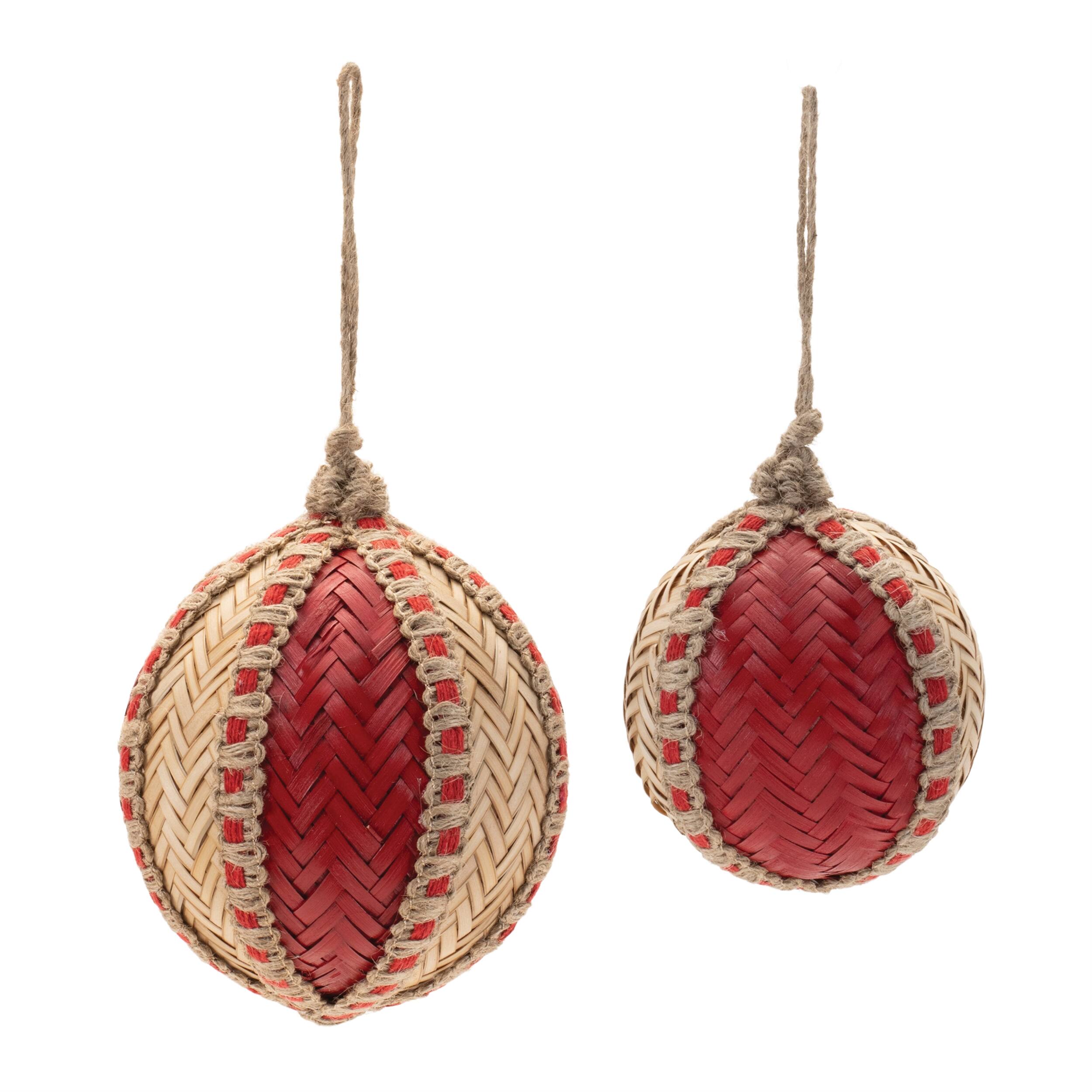 Angle. BreeBe - Woven Bamboo Ornament (Set of 4) - Red, Beige.