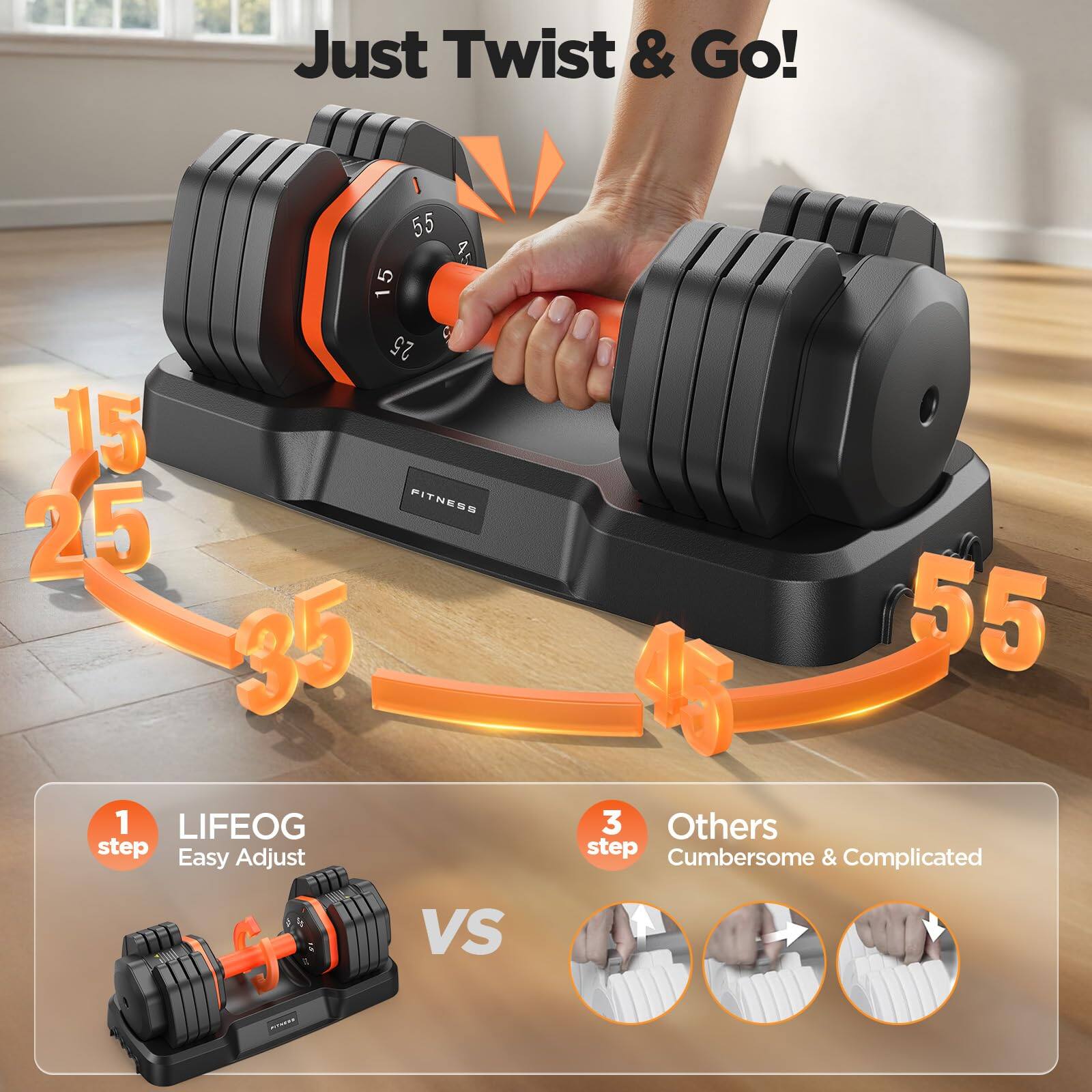 Just Twist & Go!  
55 1, 15 C 25 15  
PITNESS 25 35 1  
LIFEOG step Easy Adjust  
55 3 Others step Cumbersome & Complicated  
34 VS C..NI.