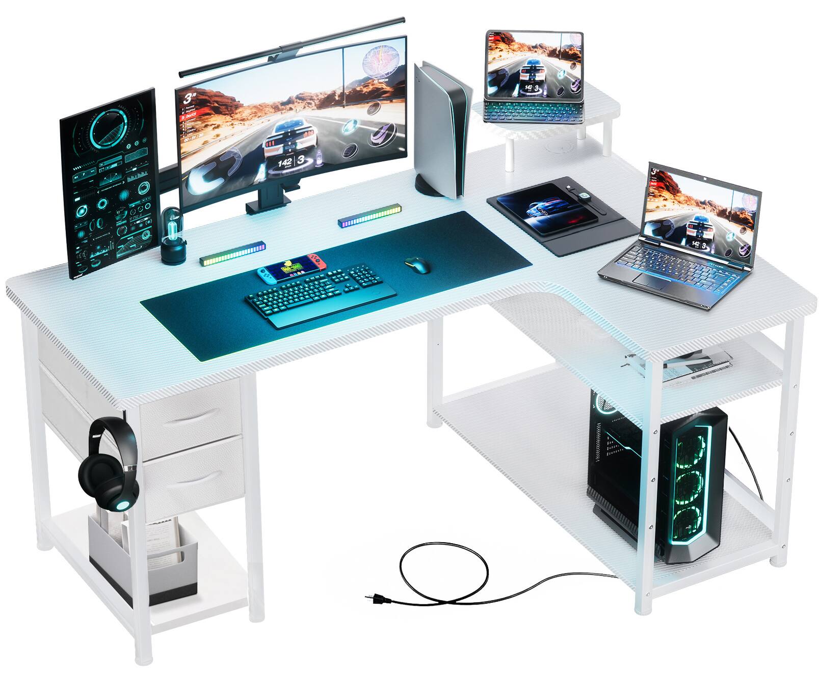 GTPlayer - 47.24 IN L Shaped Gaming Desk with Drawers Carbon Fiber Style Computer Desk - White