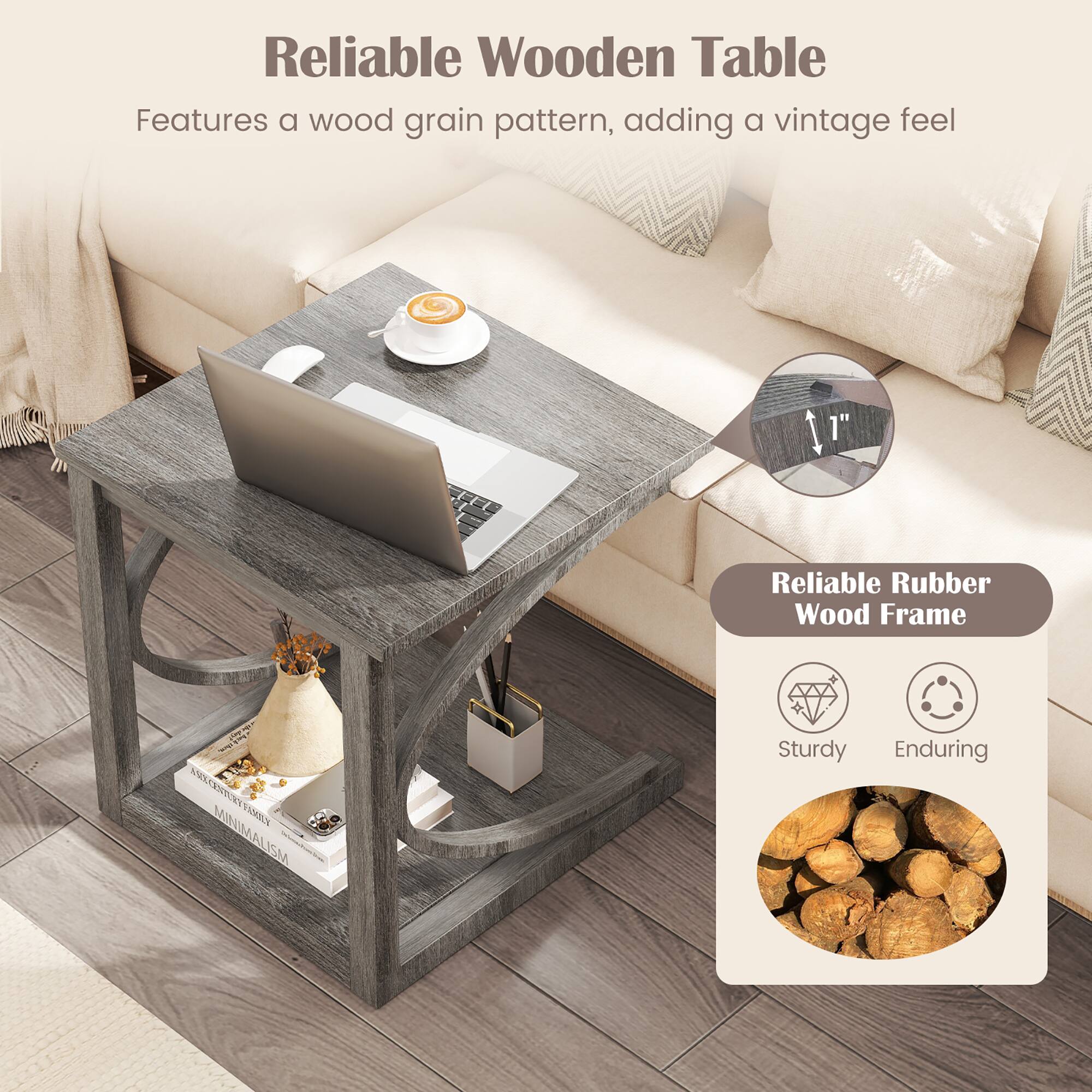 Reliable Wooden Table  
Features a wood grain pattern, adding a vintage feel  

Reliable Rubber Wood Frame  
Sturdy  
Enduring