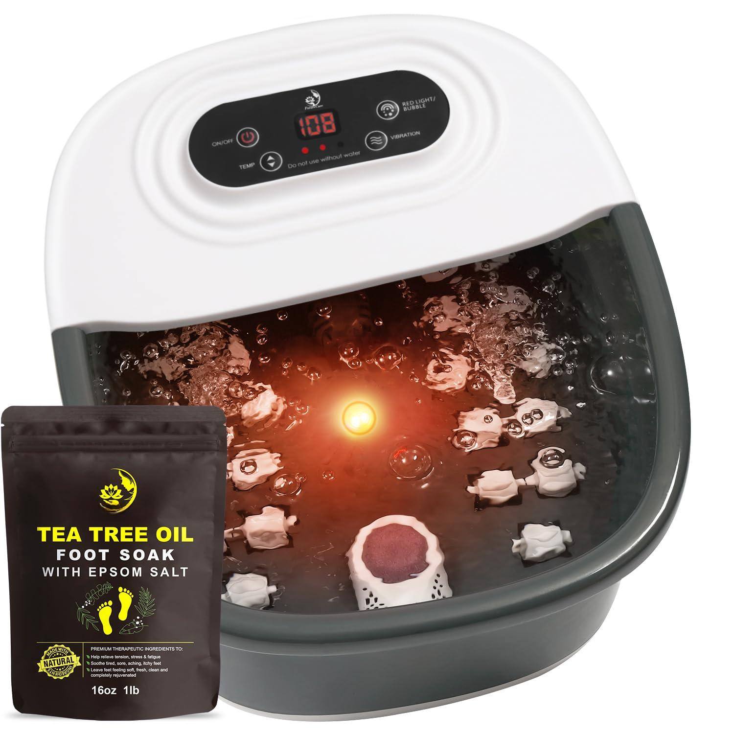 Sure, here is the corrected and grouped text:

---

**ONC TEMP 108**

**TEA TREE OIL FOOT SOAK WITH EPSOM SALT**

**PREMIUM THERAPEUTIC INGREDIENTS:**

- Natural
- Sunta
- 1-3 nting
- 16oz 1lb

**RED LIGHT / BUBBLE / VIBRATION**

**Do not use without water**

---

This text is derived from the image, grouping and correcting the visible elements.