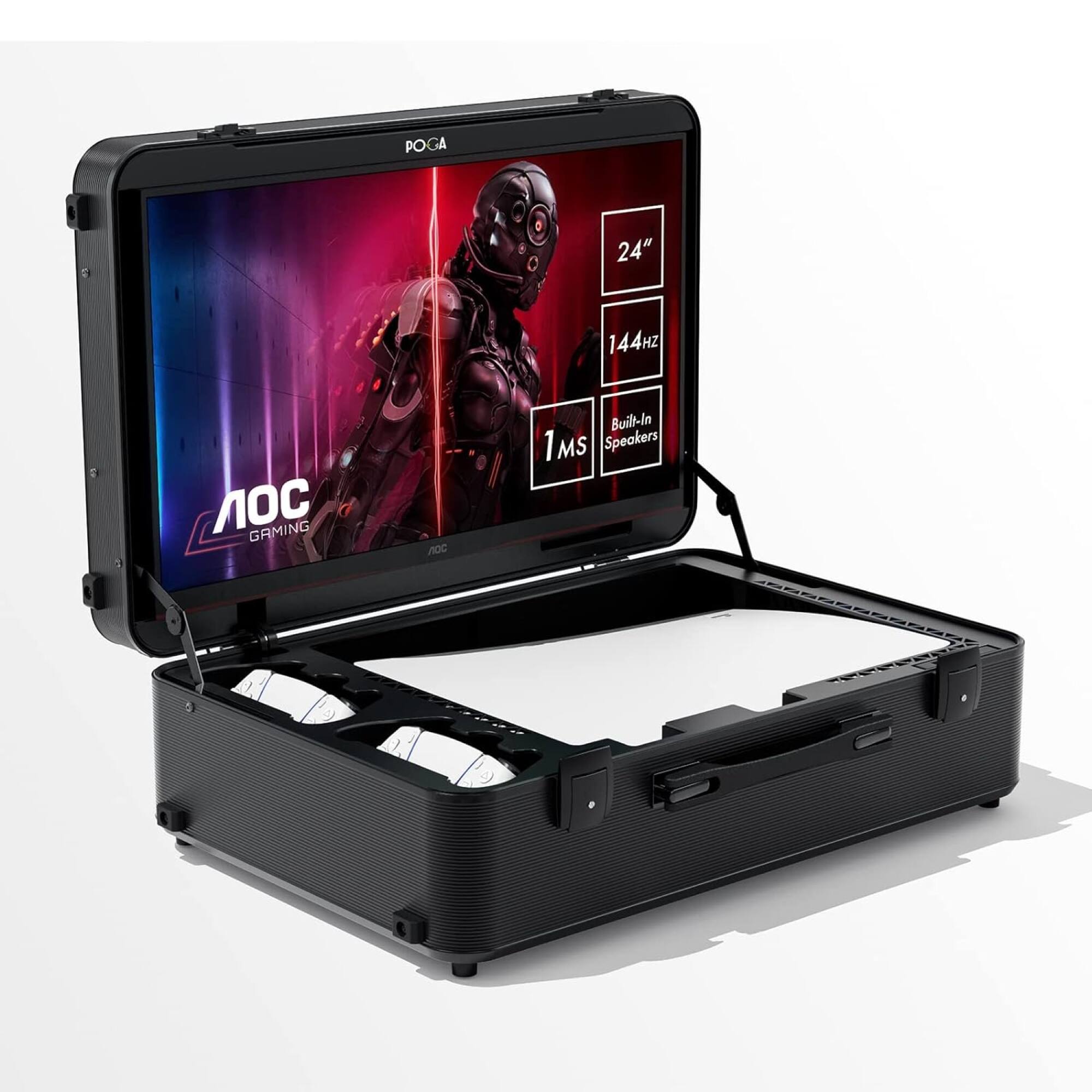 The image features a black case with a laptop inside. The laptop has a built-in 144Hz gaming monitor and 1ms response time, making it ideal for gaming enthusiasts. The case is designed to protect the laptop while also providing a convenient way to transport it. The laptop is currently displaying a video game, showcasing its gaming capabilities.
