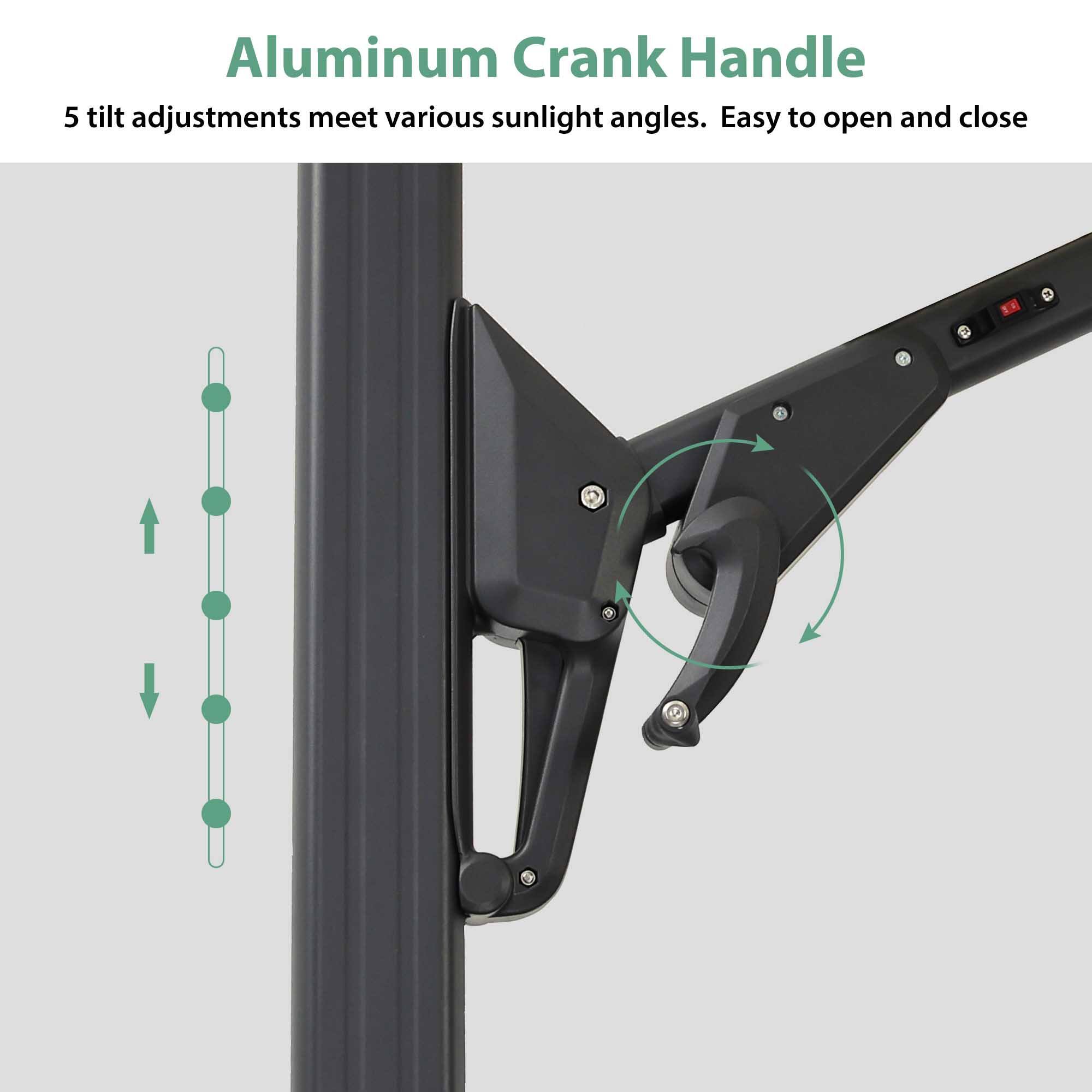 Aluminum Crank Handle

5 tilt adjustments meet various sunlight angles. Easy to open and close