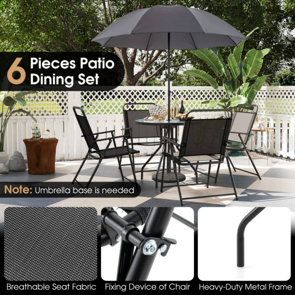 6 Pieces Patio Dining Set

Note: Umbrella base is needed

- Breathable Seat Fabric
- Fixing Device of Chair
- Heavy-Duty Metal Frame