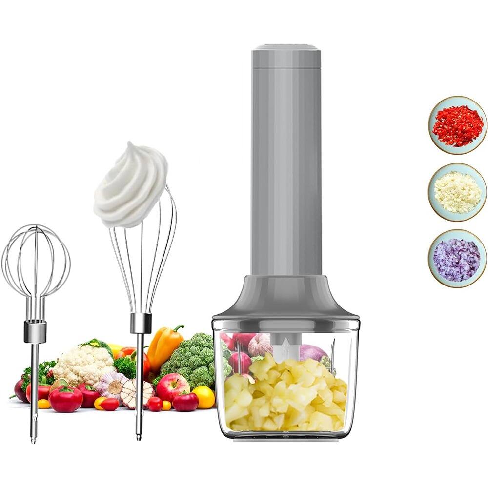 Front. ACJPR - Electric handheld mixer with whisk and 4-speed cordless hand blender set, mini food chopper for dicing, mincing, and pur - Silver.