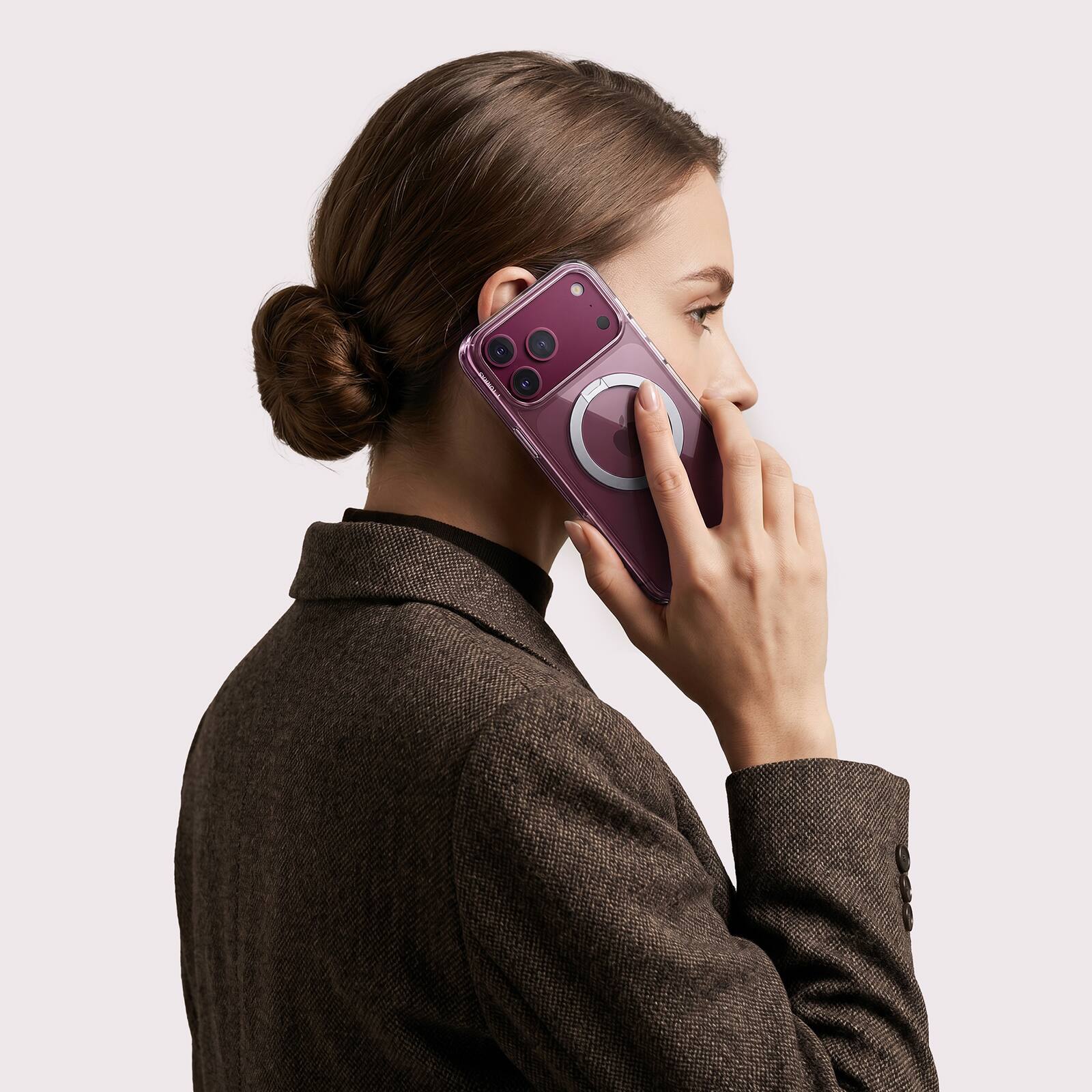 Alt View 5. TORRAS - Ostand Q3 Spin - Military-Grade Magnetic Rotatable Case, 90° Adjustable Stand & MagSafe for iPhone 18 ProMax, Clear - Purple.