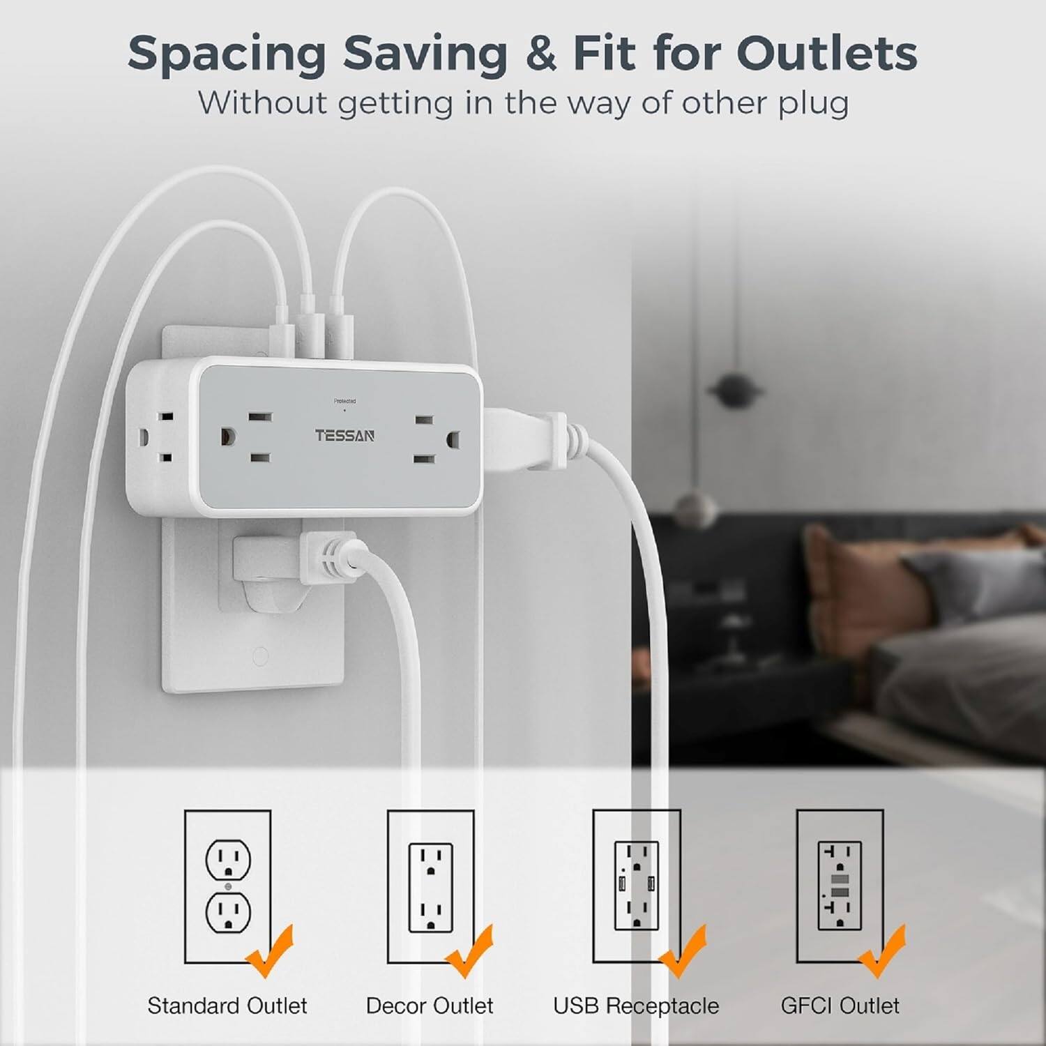 Spacing Saving & Fit for Outlets  
Without getting in the way of other plug  

Standard Outlet  
Decor Outlet  
USB Receptacle  
GFCI Outlet