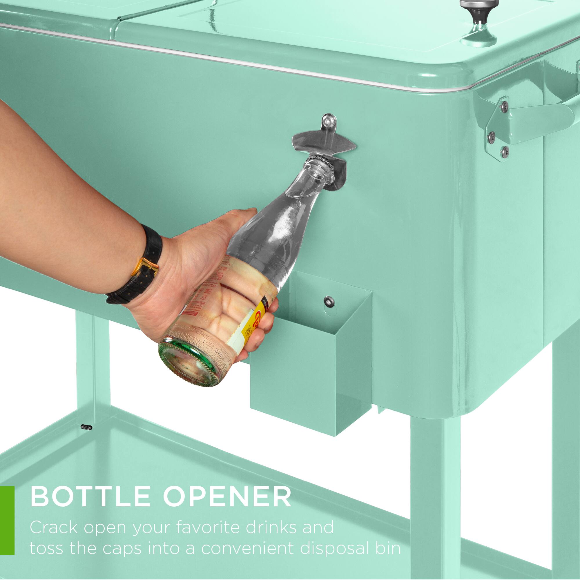 BOTTLE OPENER  
Crack open your favorite drinks and toss the caps into a convenient disposal bin