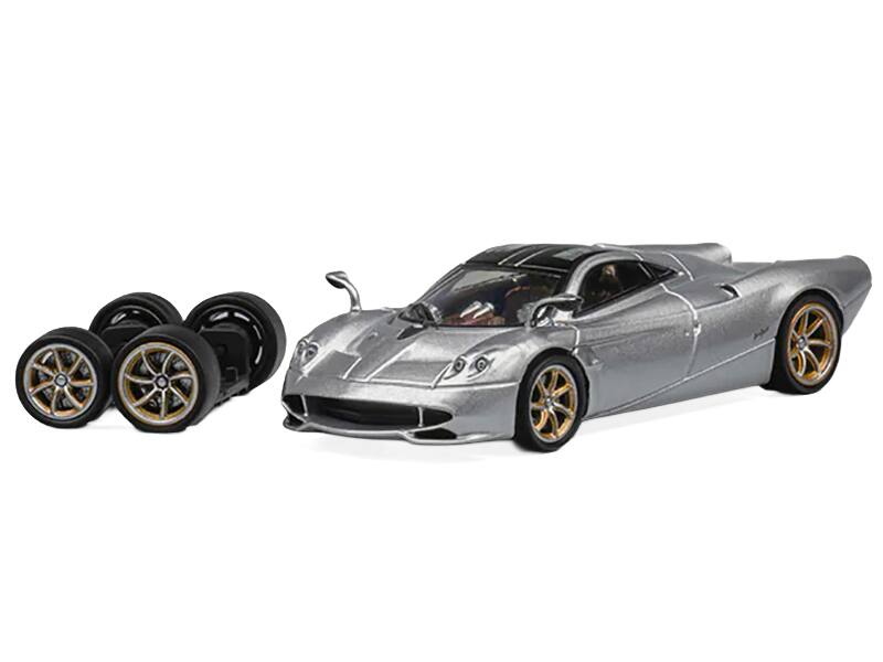 Alt View 1. CM Models - Pagani Huayra Codalunga Silver Metallic with Sunroof and Extra Wheels 1/64 Diecast Model Car by CM Model.