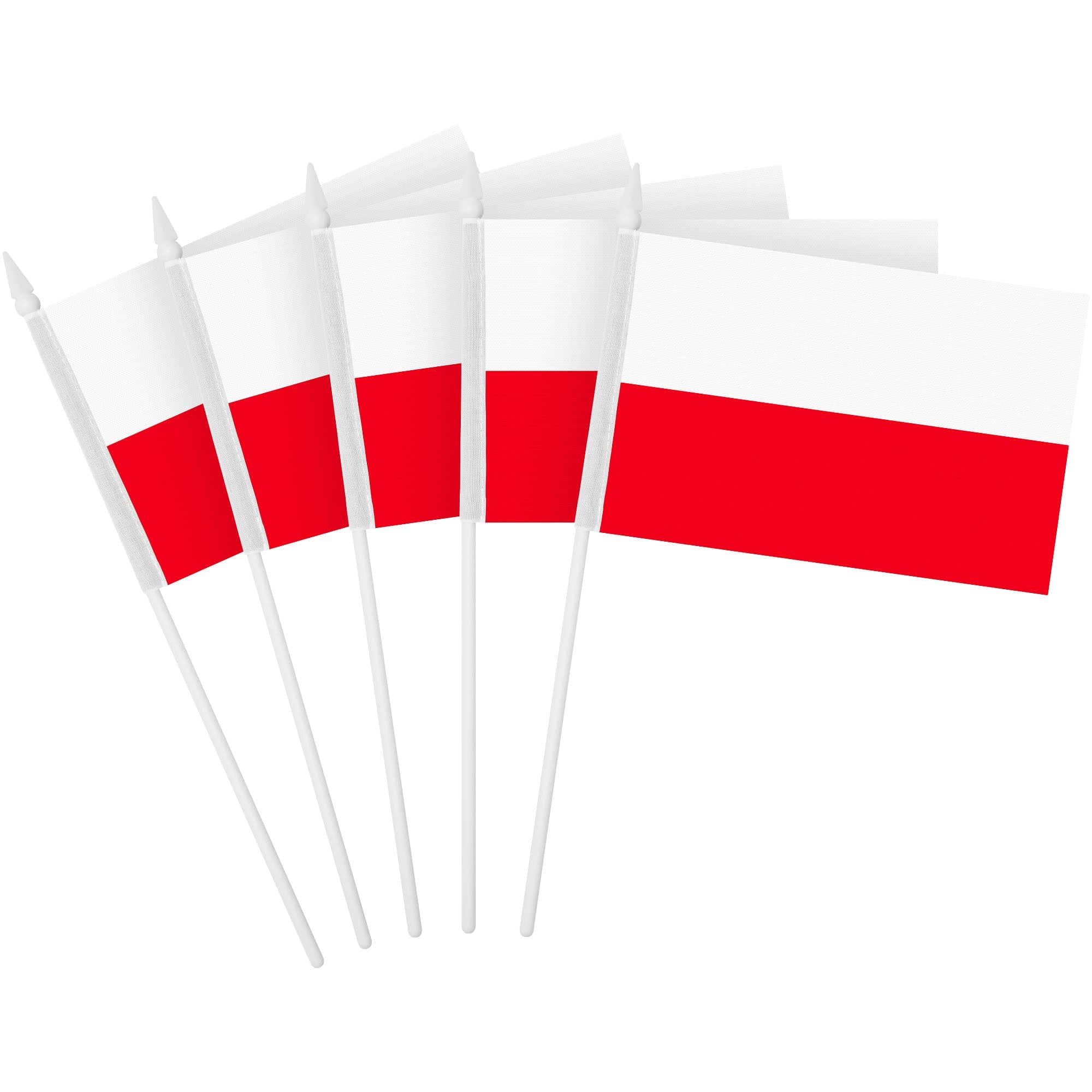 G128 - 30-Pack Handheld Poland Flags, 4 x 6 in 150D Polyester with Plastic Stick and White Spear Tip - Assorted Colors