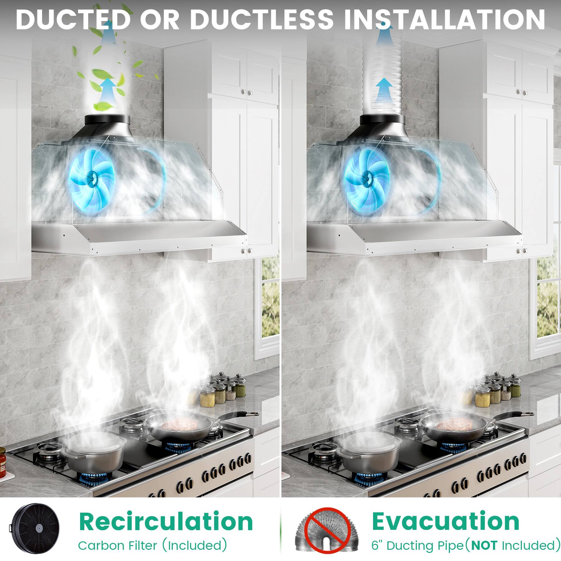 DUCTED OR DUCTLESS INSTALLATION

Recirculation
Carbon Filter (Included)

Evacuation
6" Ducting Pipe (NOT Included)
