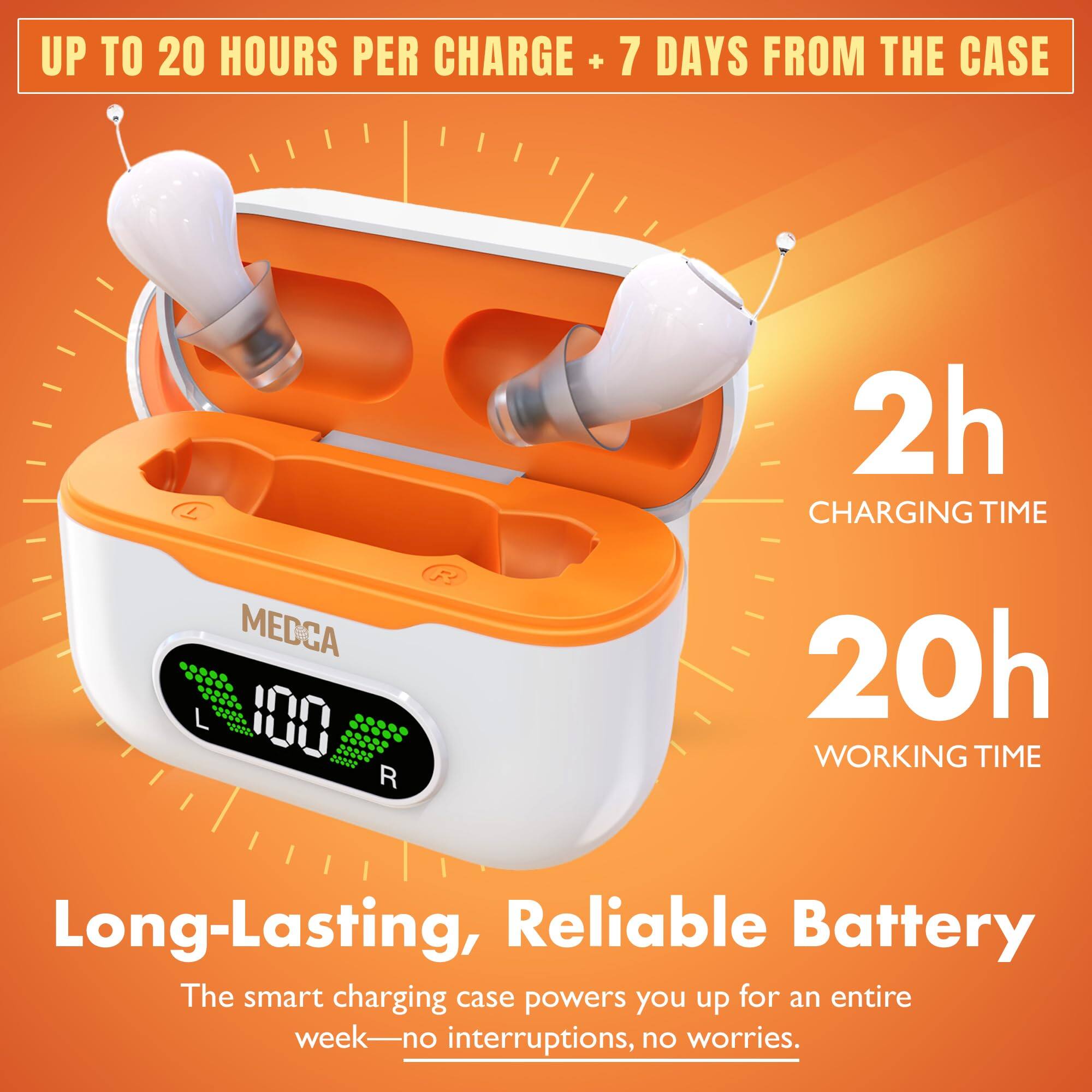 UP TO 20 HOURS PER CHARGE + 7 DAYS FROM THE CASE

2h CHARGING TIME

20h WORKING TIME

Long-Lasting, Reliable Battery

The smart charging case powers you up for an entire week—no interruptions, no worries.