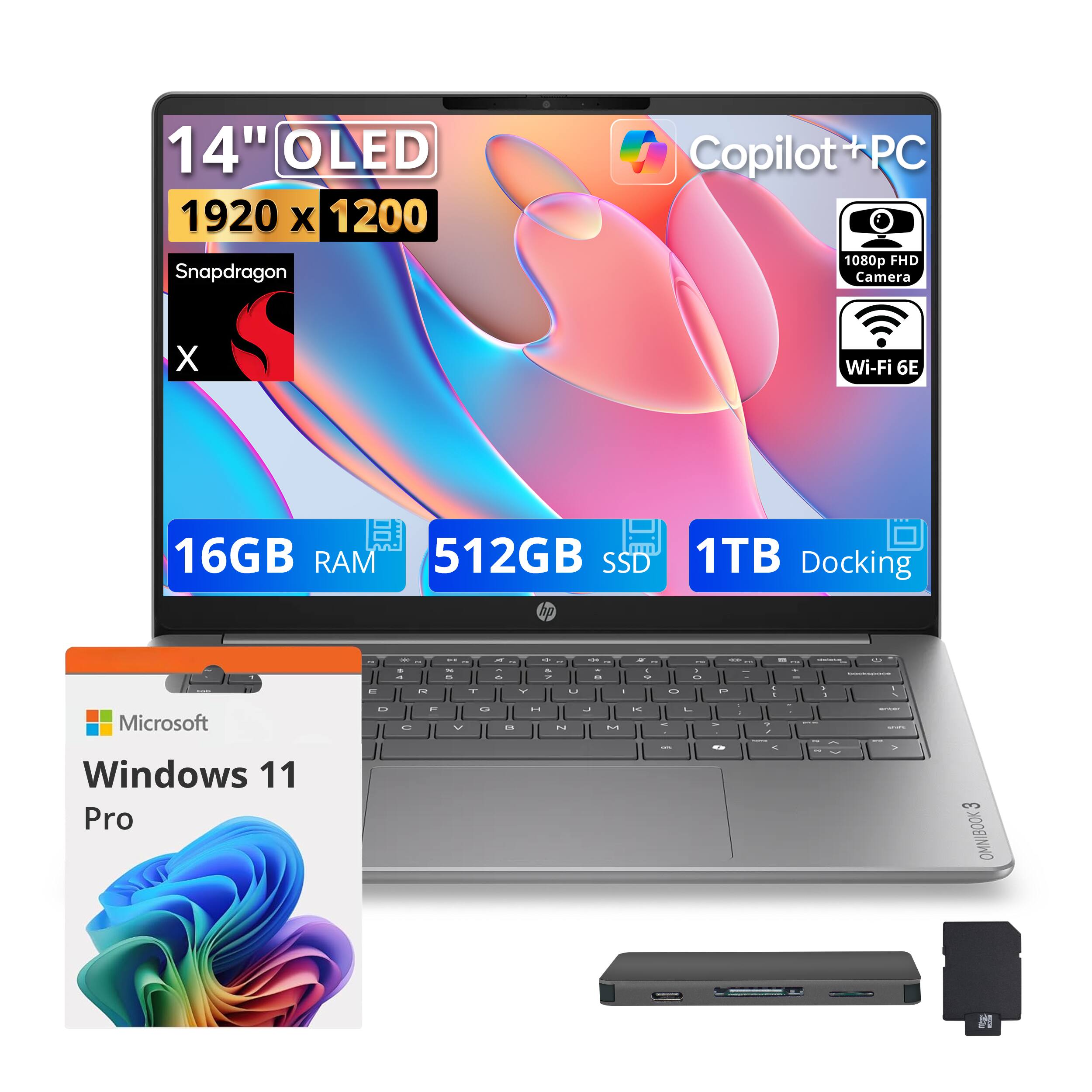 14" OLED 1920 x 1200 Snapdragon  
Copilot + PC  
1080p FHD Camera  
Wi-Fi 6E  
16GB RAM 512GB SSD 1TB Docking  
Microsoft Windows 11 Pro