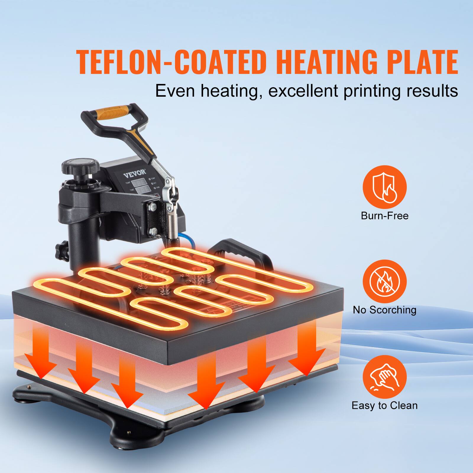 TEFLON-COATED HEATING PLATE  
Even heating, excellent printing results  

VEVOR #119  

- Burn-Free  
- No Scorching  
- Easy to Clean