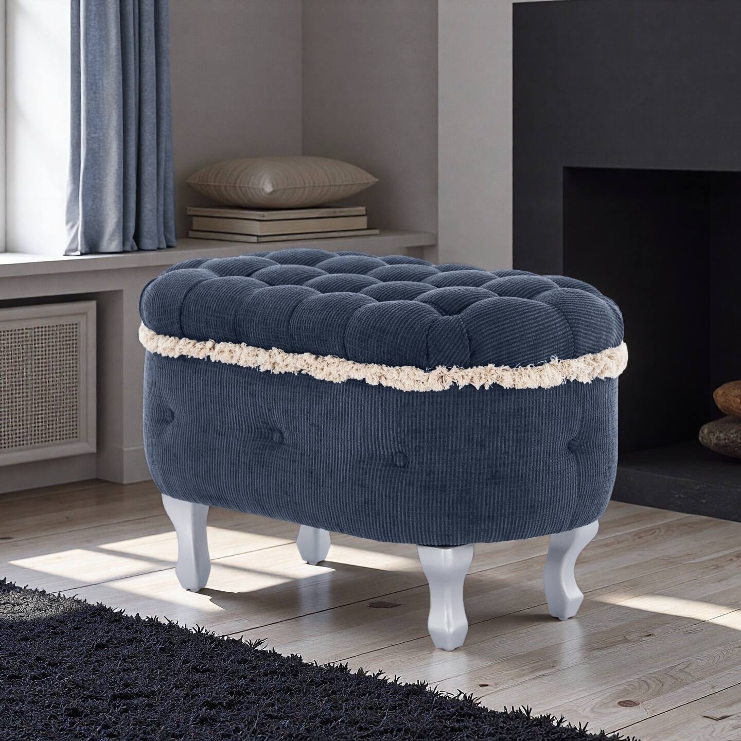 Angle. Whisen - 29.5" Button-Tufted Fabric Storage Ottoman End of Bed Window Bench for Bedroom - Blue.