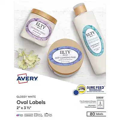HYDRATING CREAM
ELTY
MOISTURIZING LOTION
ELTY
DEEP CLEANSING MASK
ELTY
AVERY
GLOSSY WHITE
Oval Labels
2" x 3 1/3"
22820
Free Templates
80 Labels
SURE FEED TECHNOLOGY
GLOSSY WHITE
22829
Prive 1 Cary 80 labels