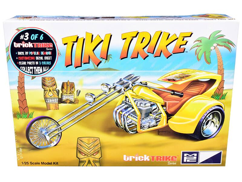 #3 OF 6  
brickTRIKE  
Series  
- BACK BY POPULAR DEMAND!  
- CUSTOMIZING DECAL SHEET  
- CLEAR PARTS IN 3 COLORS  
COLLECT THEM ALL!  

1/25 Scale Model Kit  

TIKI TRIKE  
brickTRIKE  
Series