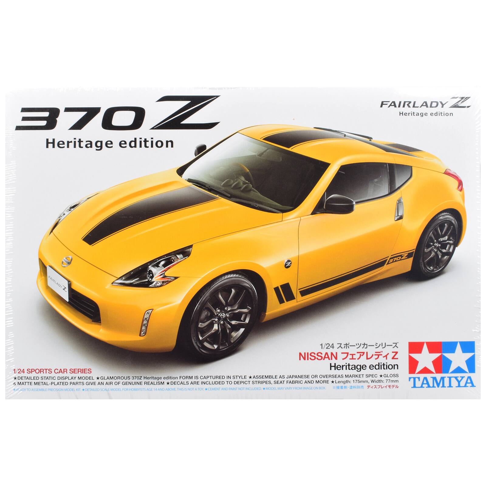 370Z Heritage edition  
FAIRLADY Z Heritage edition  
370Z  
1/24 NISSAN Z Heritage edition 1/24 SPORTS CAR SERIES FORM S CAPTURED IN STYLE *ASSEMBLE AS JAPANESE OR OVERSEAS MARKET SPEC *GLOSS * DETAILED STATIC DISPLAY MODEL *GLAMOROUS 370Z Heritage edition TO DEPICT STRIPES, SEAT FABRIC AND MORE Length: 175mm, Width: 77mm  
TAMIYA 5 MATTE METAL-PLATED PARTS GIVE AN AIR OF GENUINE REALISM *DECALS ARE INCLUDED MODEL MAY VARY FROM IMAGE ON BOX, TO ASSEMBLE PRECISION MODEL KT DETAILED SCAL MODEL FOR HOBBYSTS AGE 14 AND ABOVE THIS IS NOT A TOY. CEMENT AND/PAINT NOT INCLUDED.