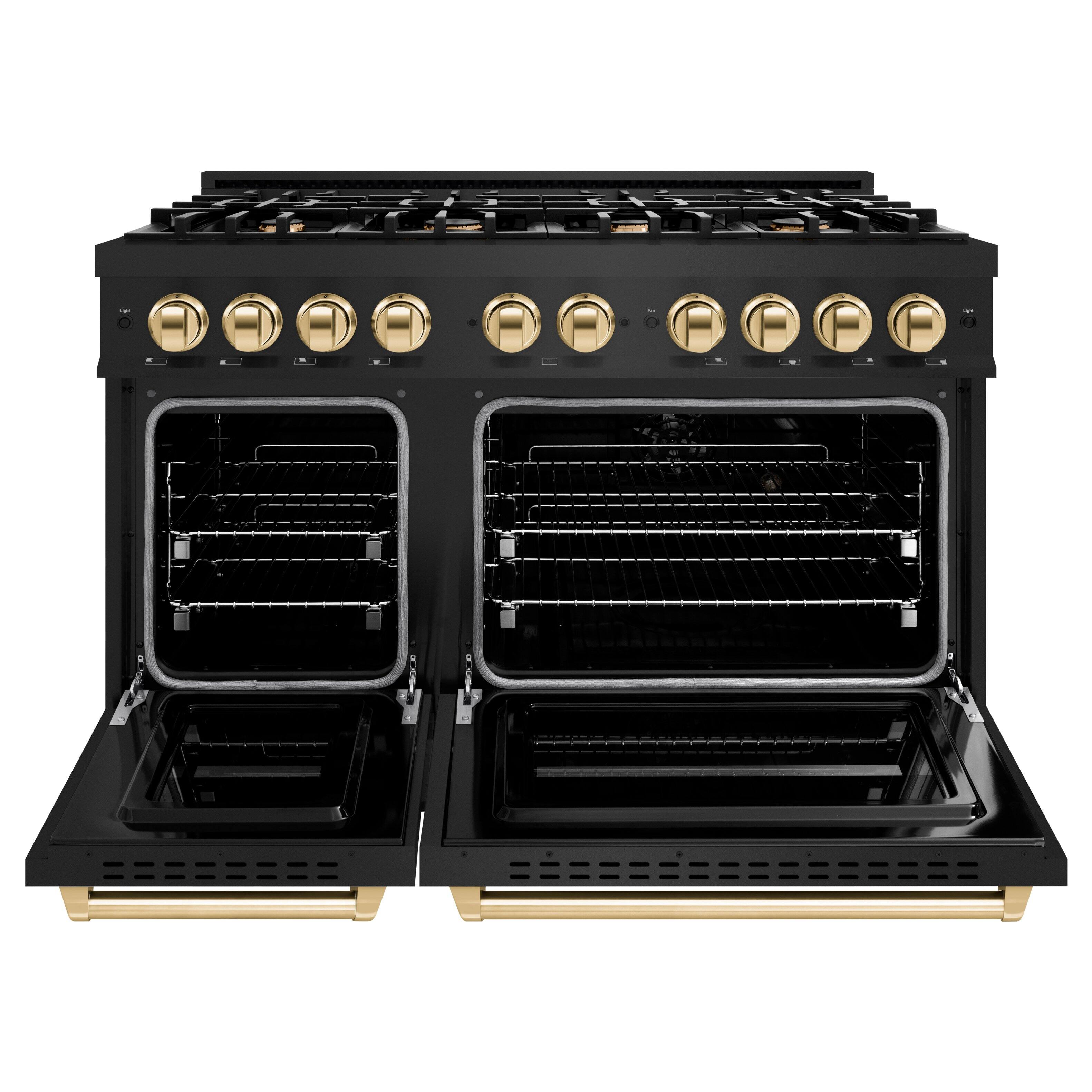 Angle. ZLINE - ZLINE Autograph 48" Classic Dual Fuel Black Stainless Range w/ Gold Accents (CDRBZ-48-G) - Black Stainless Steel.