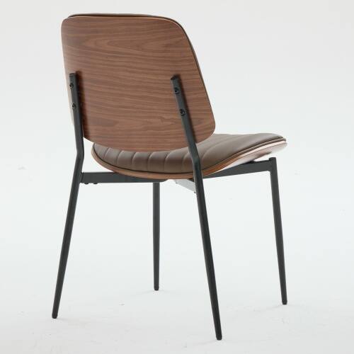 Angle. LUCKY ONE - Assembled Mid Century Dining Chair Set of 2 Faux Leather with Walnut Bentwood Back Metal Legs - Brown.
