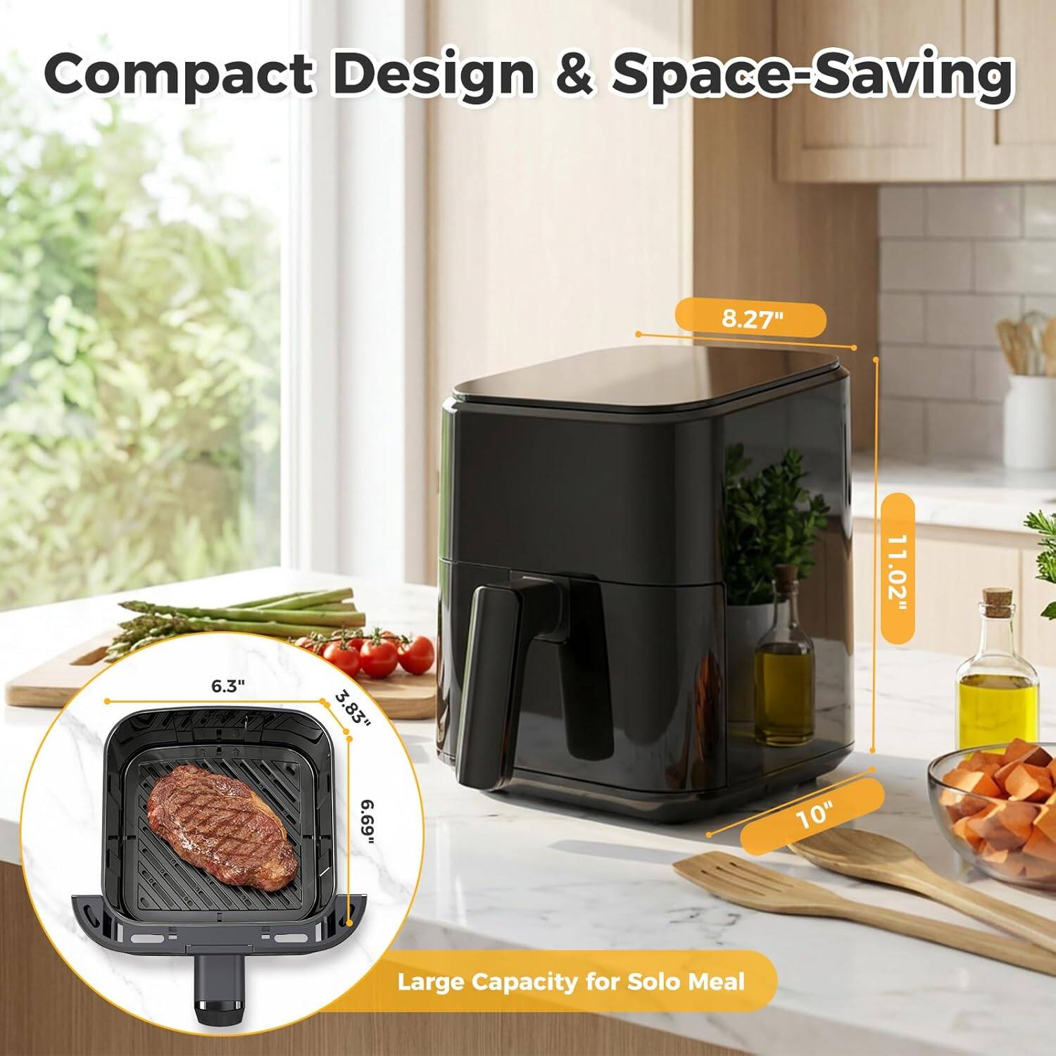 Compact Design & Space-Saving

8.27"  
11.02"  
6.3"  
3.83"  
6.69"  
10"  

Large Capacity for Solo Meal