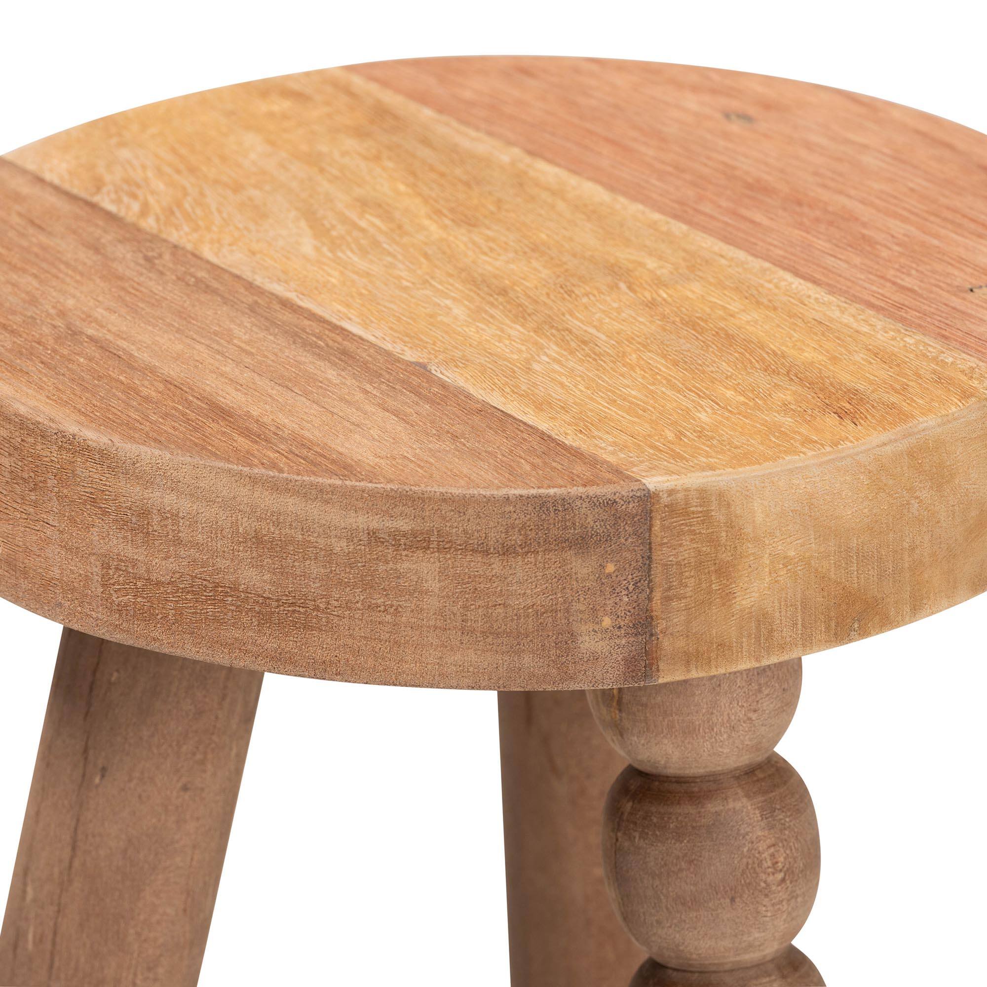 Left. bali & pari - Sihu Acacia Wood Multipurpose Accent Stool - Sculptural End Table with Bobbin Tripod Base - Natural Brown.