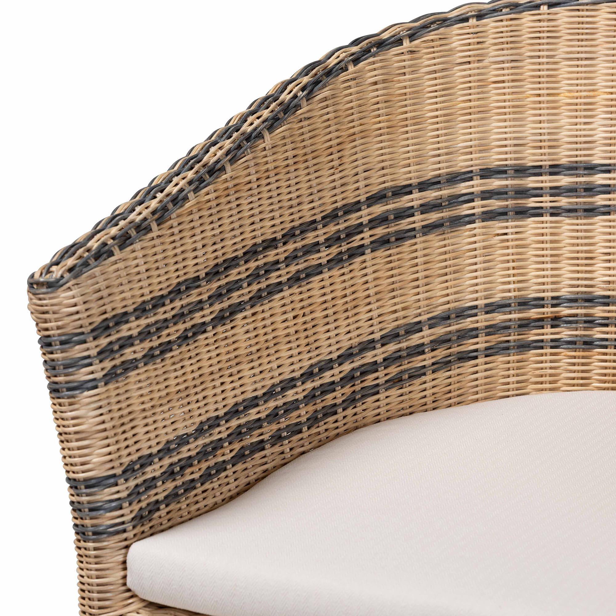 Alt View 1. bali & pari - Elda Natural Rattan Accent Chair - Wicker Barrel-Back Chair with Woven Stripes and Cushion, Coastal Boho Style - Natural Brown/Blue.