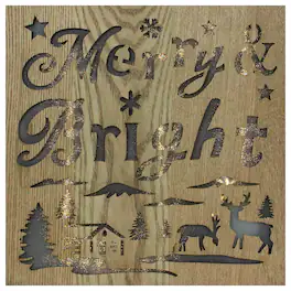 Diva At Home - 12" Lighted Wooden "Merry Bright" Christmas Wall Decoration - Brown