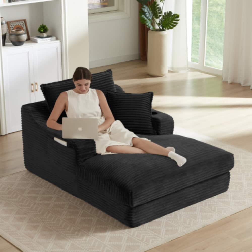 LUCKY ONE - 47.24 Inch Modern Comfortable Cushioned Compression Sofa Lounge Chair with Cup Holders, Storage Pockets - Black