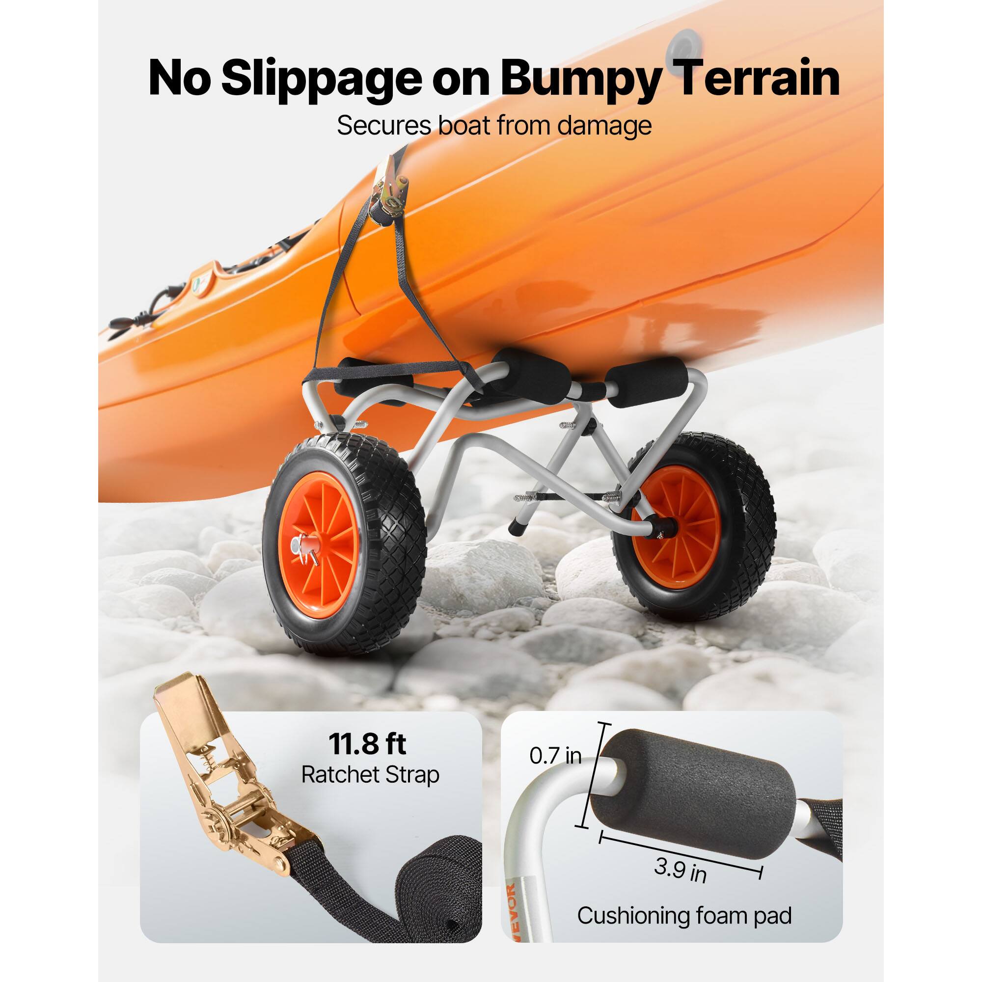 No Slippage on Bumpy Terrain  
Secures boat from damage  

11.8 ft Ratchet Strap  
0.7 in  
3.9 in Cushioning foam pad