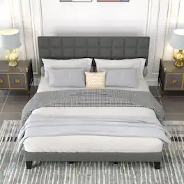 LUCKY ONE - King Assembled Linen Bed Frame with Adjustable Headboard Platform Bed Wooden Slats - Gray-King