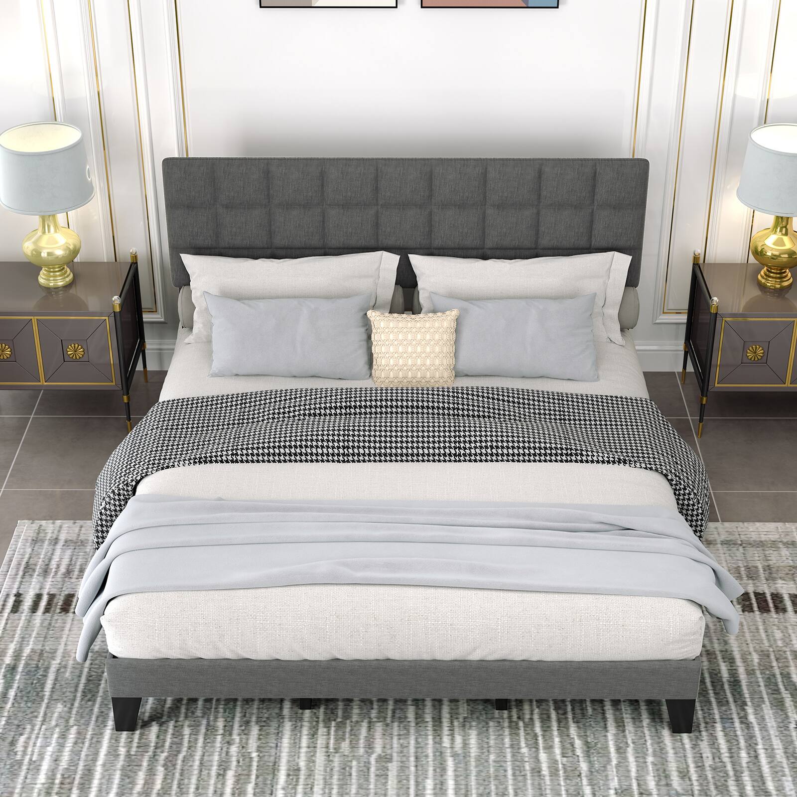 LUCKY ONE - King Assembled Linen Bed Frame with Adjustable Headboard Platform Bed Wooden Slats - Gray-King