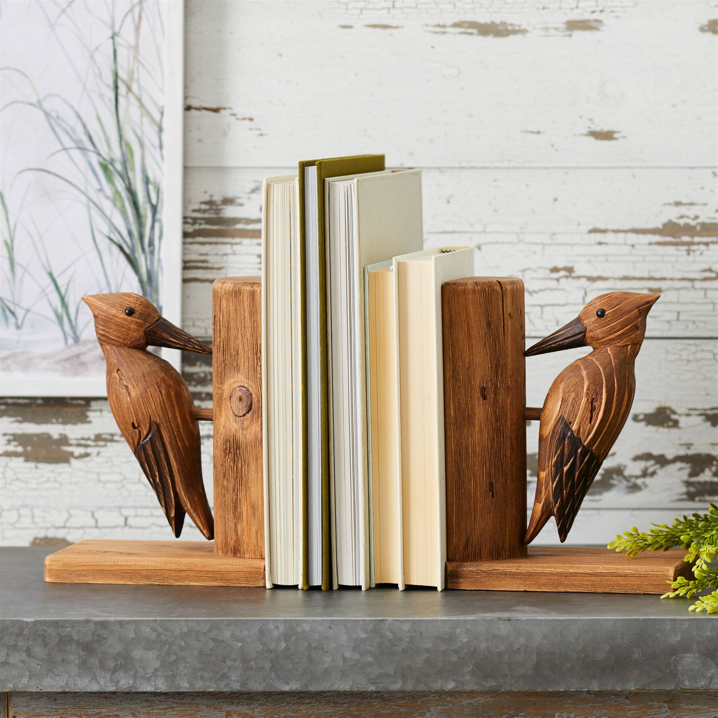 Angle. BreeBe - Pine Wood Woodpecker Bird Bookend (Set of 2) - Brown.