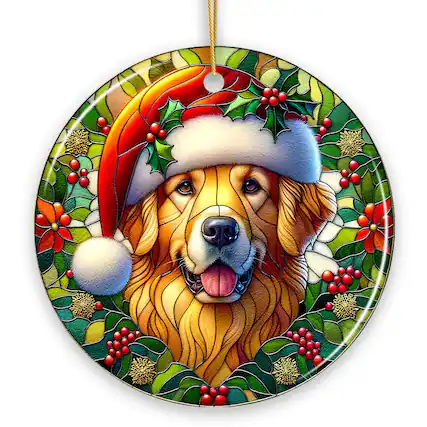 Front. OrnamentallyYou - Colorful Golden Retriever Stained Glass Style Ceramic Ornament Christmas Gift and Decor - Multi-colored.