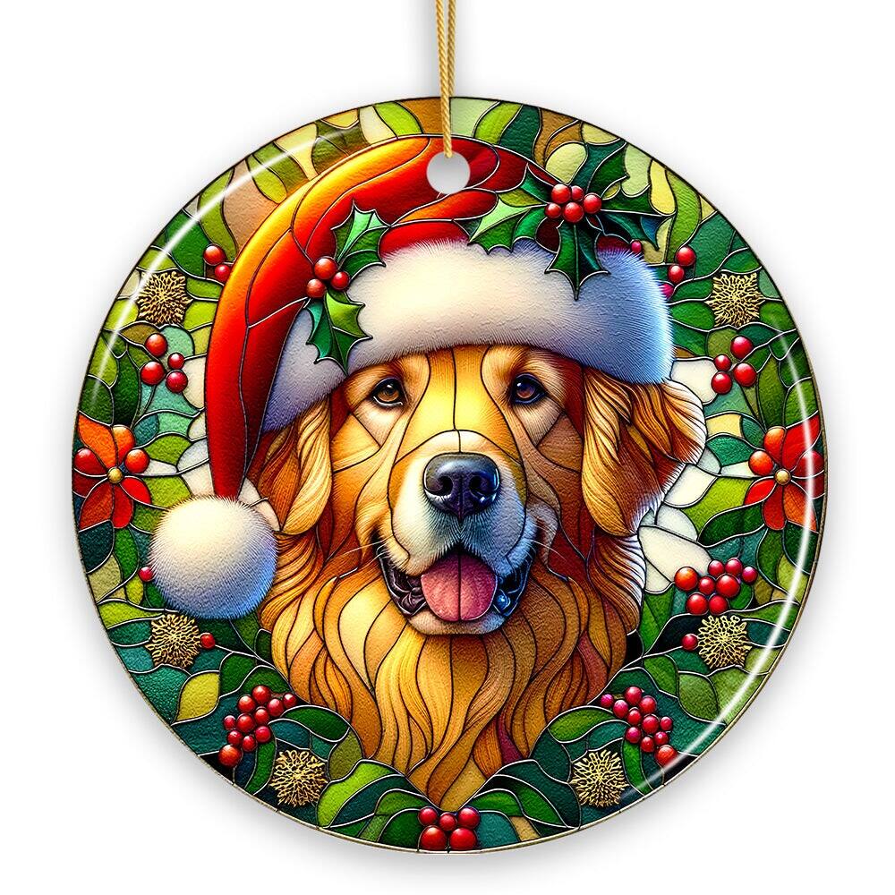 Front. OrnamentallyYou - Colorful Golden Retriever Stained Glass Style Ceramic Ornament Christmas Gift and Decor - Multi-colored.