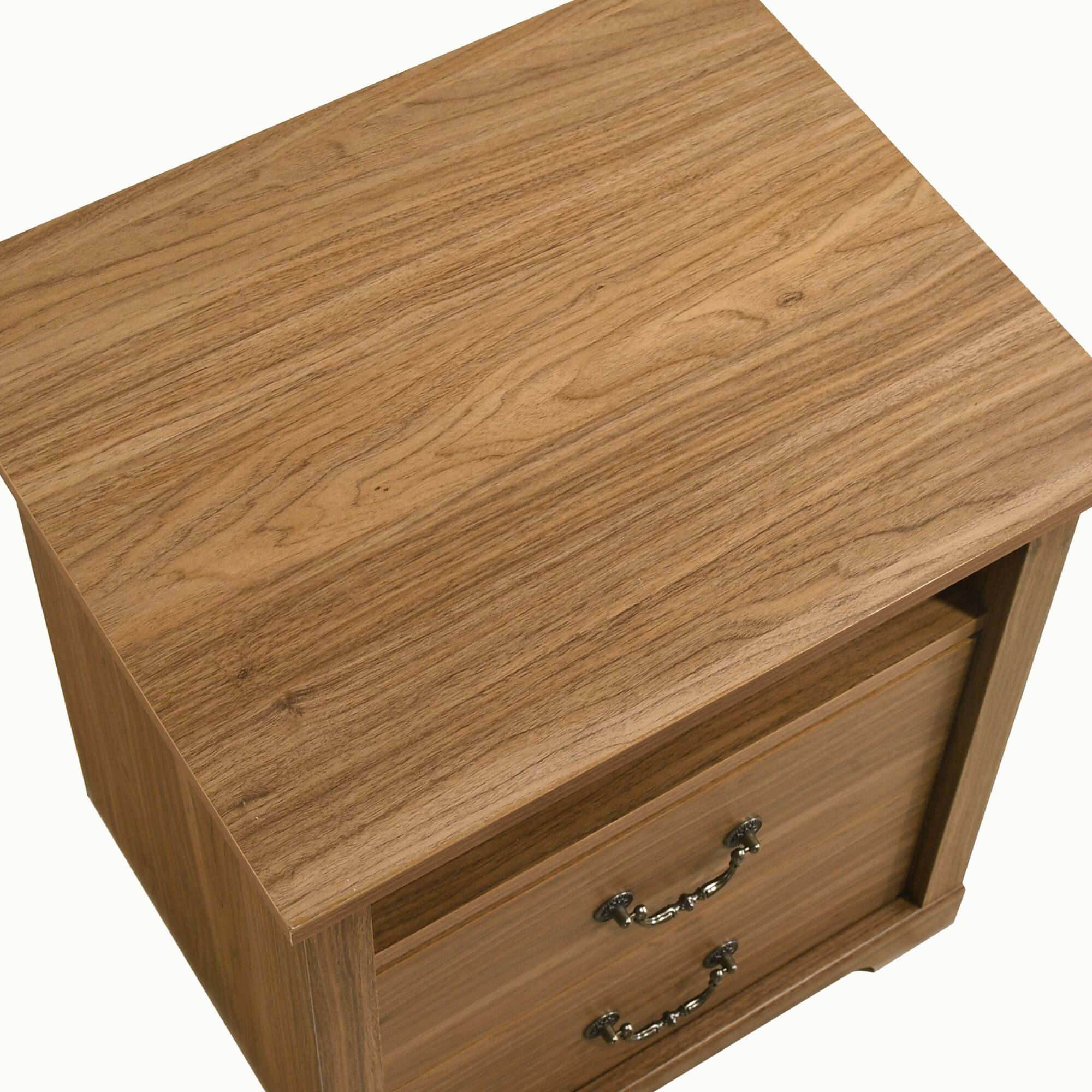 Alt View 5. Vaczon - Rustic Walnut Nightstands (Set of 2) with Open Shelf and 2 Drawers - Walnut.