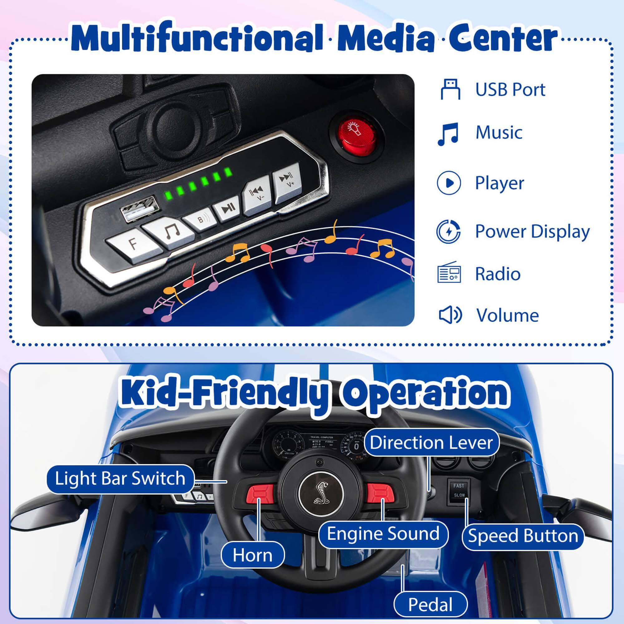 Multifunctional Media Center

- USB Port
- Music
- Player
- Power Display
- Radio
- Volume

Kid-Friendly Operation

- Light Bar Switch
- Direction Lever
- Horn
- Engine Sound
- Speed Button
- Pedal
