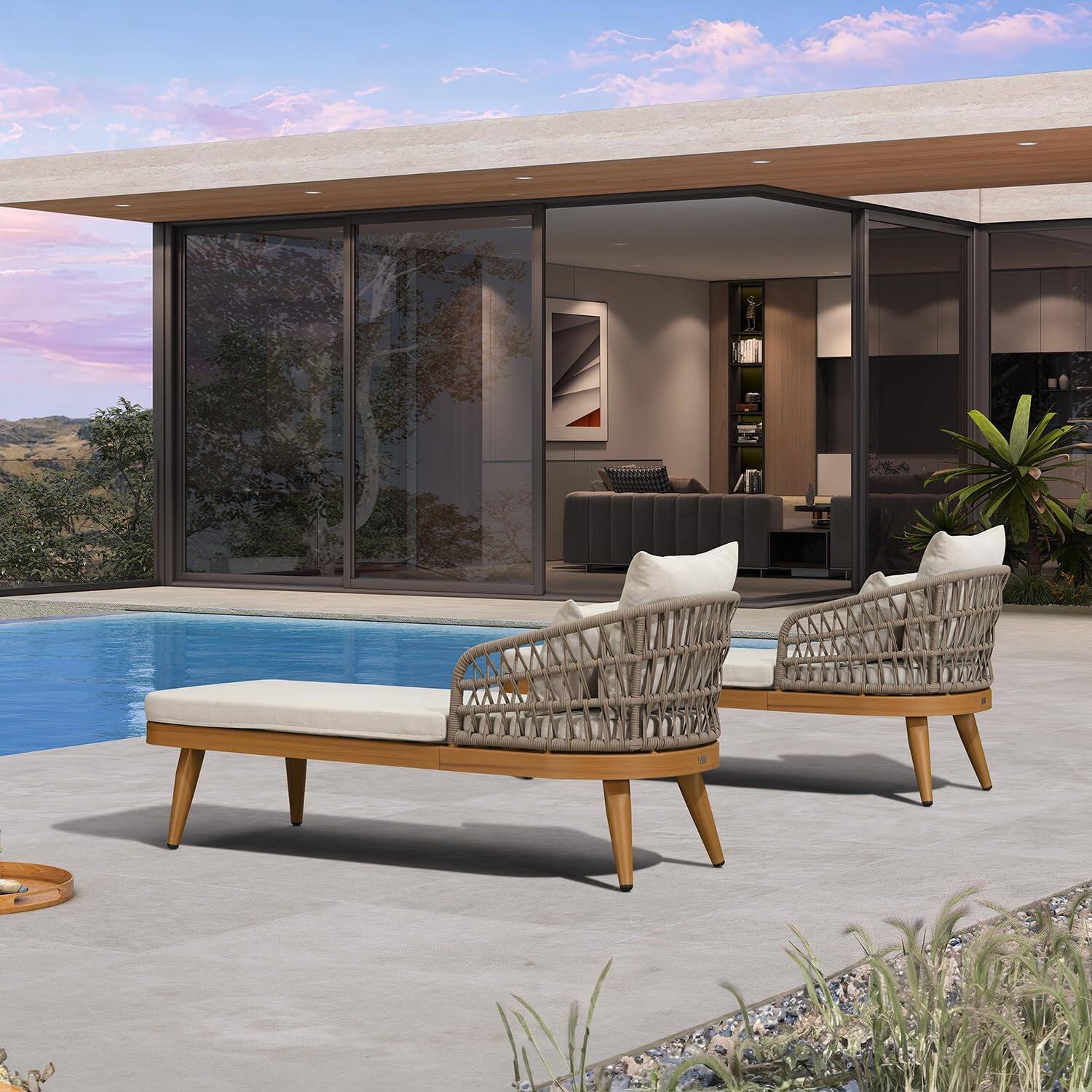 Alt View 1. PURPLE LEAF - 2 Pieces Aluminum Pool Lounge Chairs for Outdoor with 2 Cushions - Natural Teak.