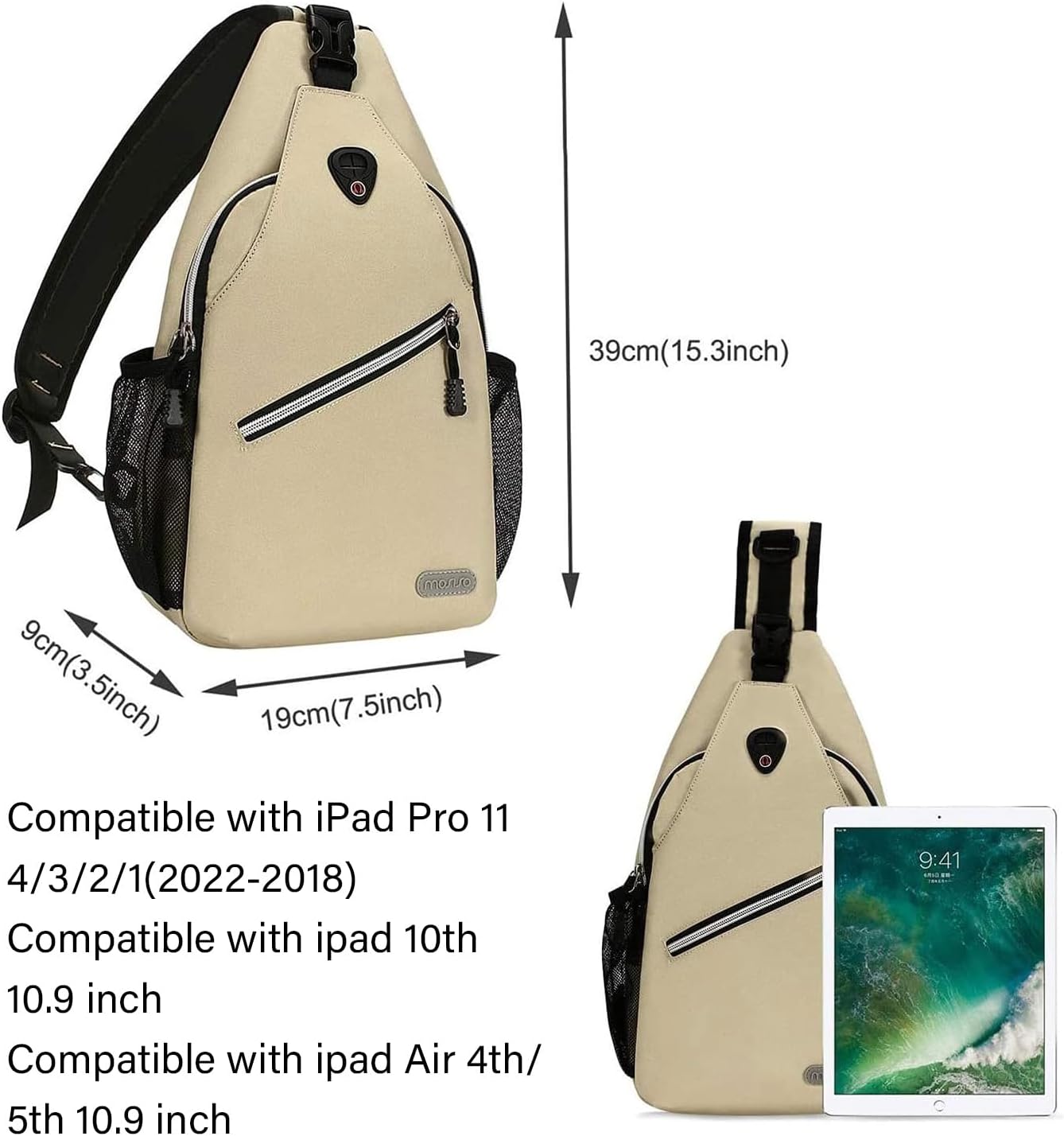 39cm (15.3 inch)  
9cm (3.5 inch)  
19cm (7.5 inch)  
19cm (7.5 inch)  

Compatible with iPad Pro 11 4/3/2/1 (2022-2018)  
Compatible with iPad 10th 10.9 inch  
Compatible with iPad Air 4th/5th 10.9 inch