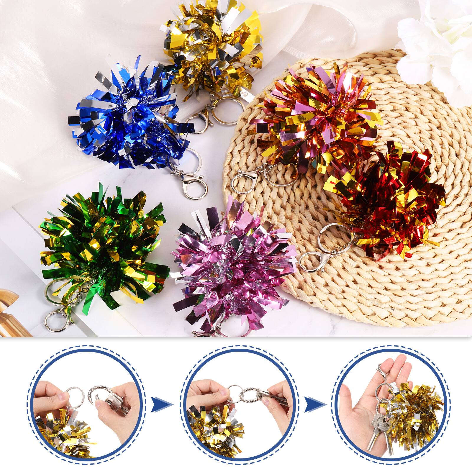 Alt View 4. Unique Bargains - 20pcs Cheer Pom Pom Keychain, Plastic Keyring Bulk for Cheerleaders Team Women Sports Events - Pink/Silver Tone.