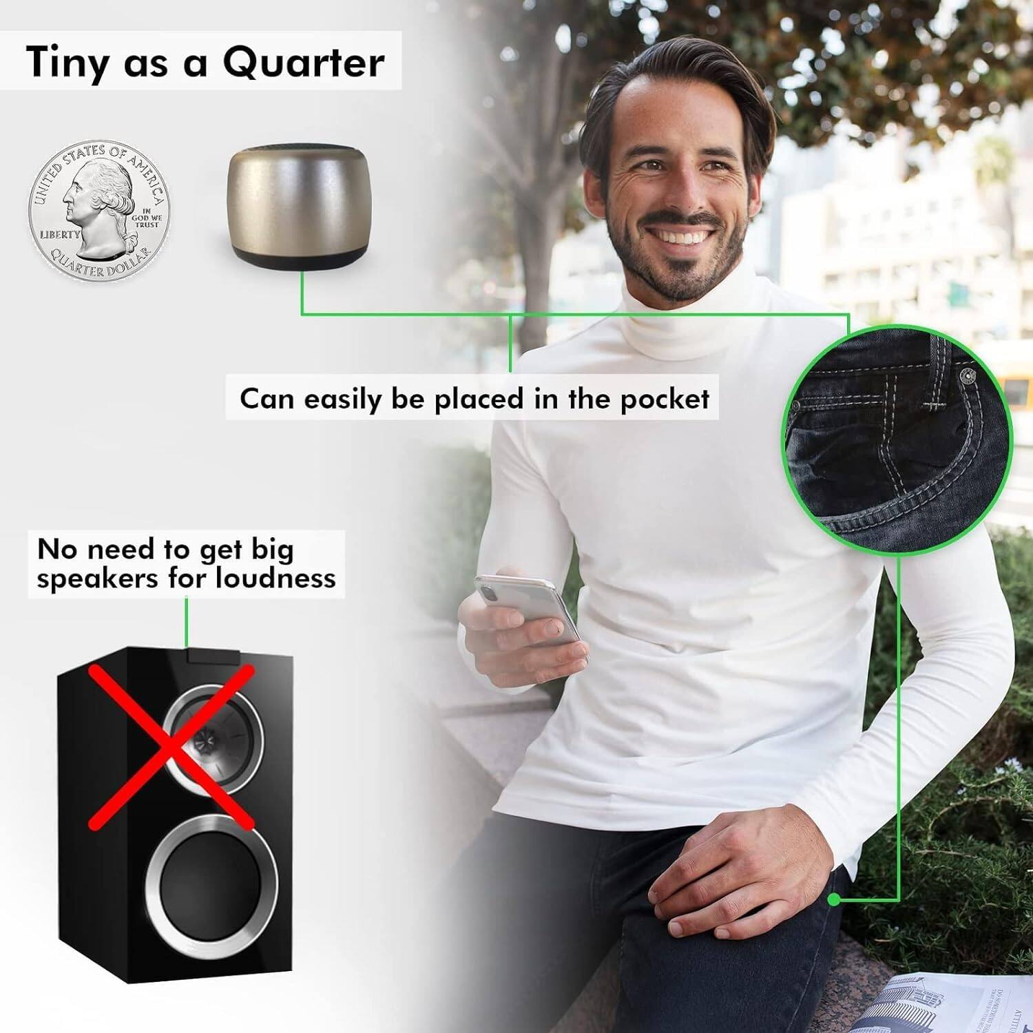 Tiny as a Quarter

- Can easily be placed in the pocket
- No need to get big speakers for loudness
