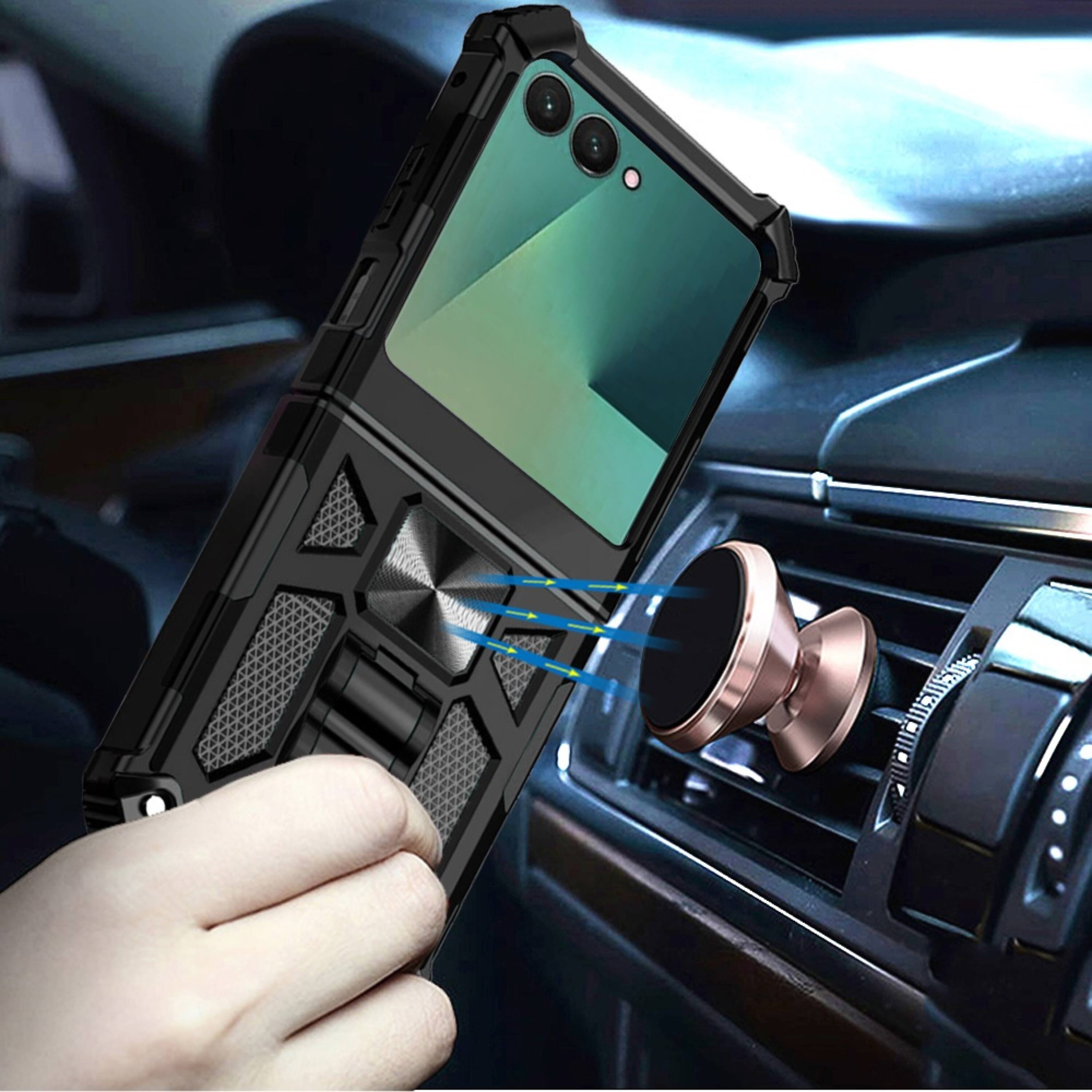 Left. Kitcheniva - Modern Shockproof Stand Case With Metal Plate And Tempered Glass For Samsung Z Flip7 Dark Blue - Dark Blue.