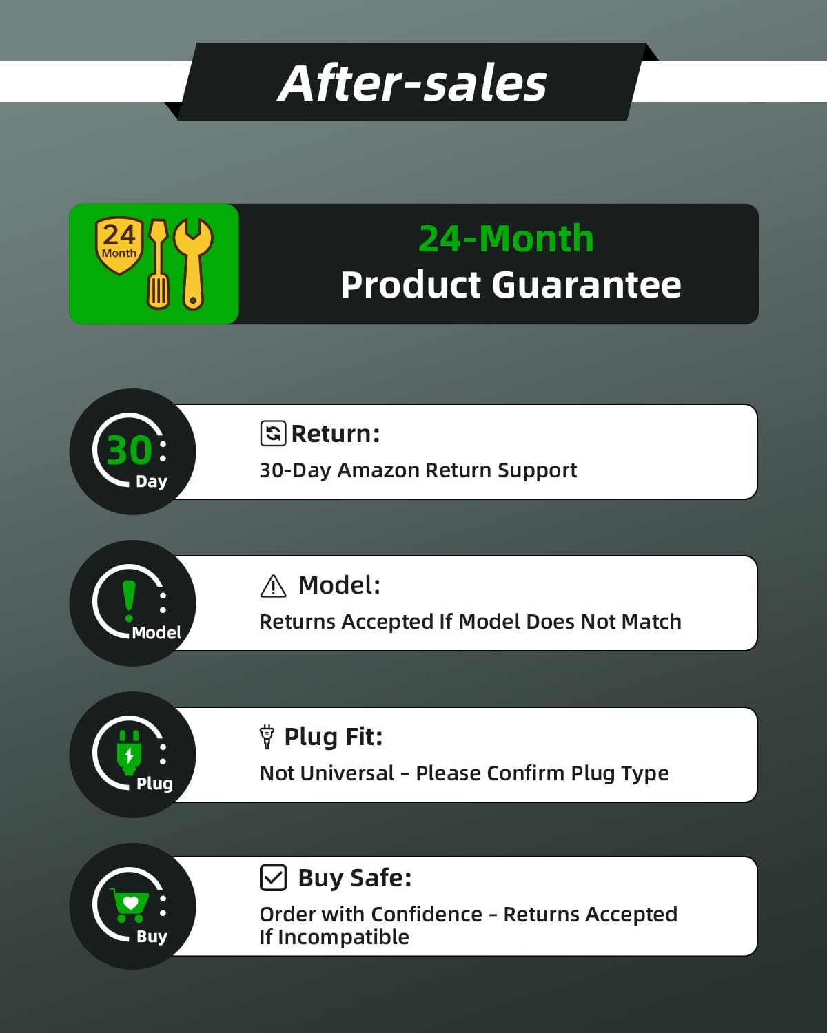 After-sales

24-Month Product Guarantee

Return: 30-Day Amazon Return Support

Model: Returns Accepted If Model Does Not Match

Plug Fit: Not Universal - Please Confirm Plug Type

Buy Safe: Order with Confidence - Returns Accepted If Incompatible