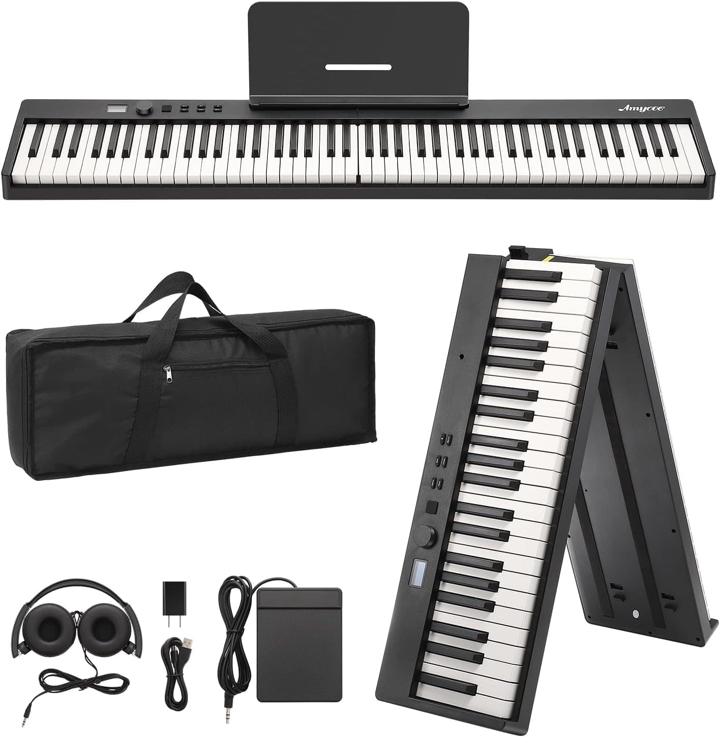 Homhougo - 88-Key Folding Portable Electronic Keyboard, Space-Saver, No Accessories, Home, Beginners