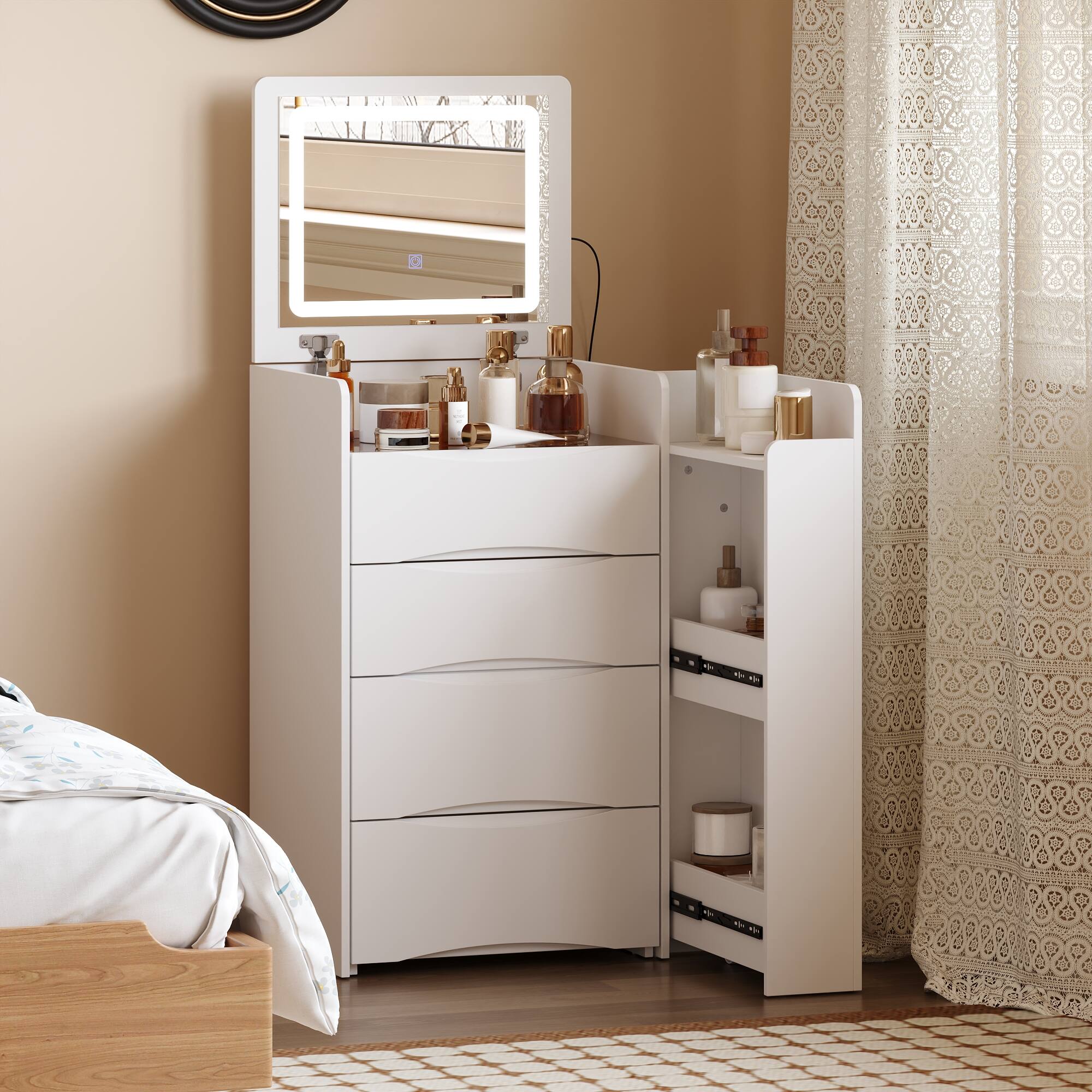 Alt View 10. Famapy - 3-in-1 Flip Vanity Desk with Pull-Out Shelf & LED Mirror - Space Saving Makeup Station Bedside Table - White.