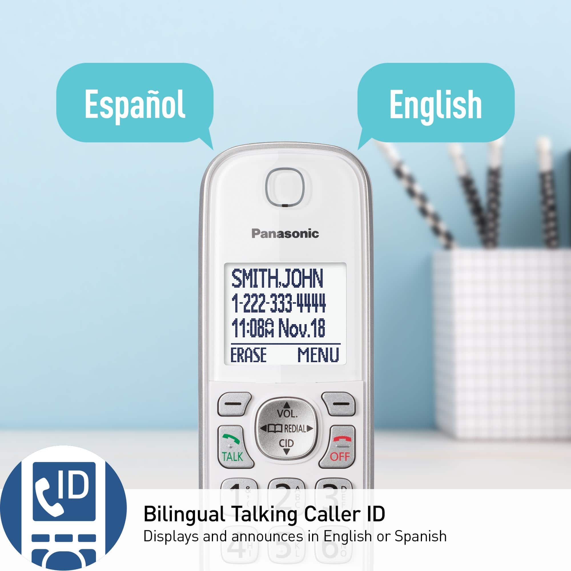 The text on the image is already grouped and corrected. It reads:
"Bilingual Talking Caller ID Displays and announces in English or Spanish. Panasonic SMITHJOHN 1-222-333-4444 11:08A Nov.18 18 ERASE MENU ID VOL. REDIAL CID TALK OFF 3"