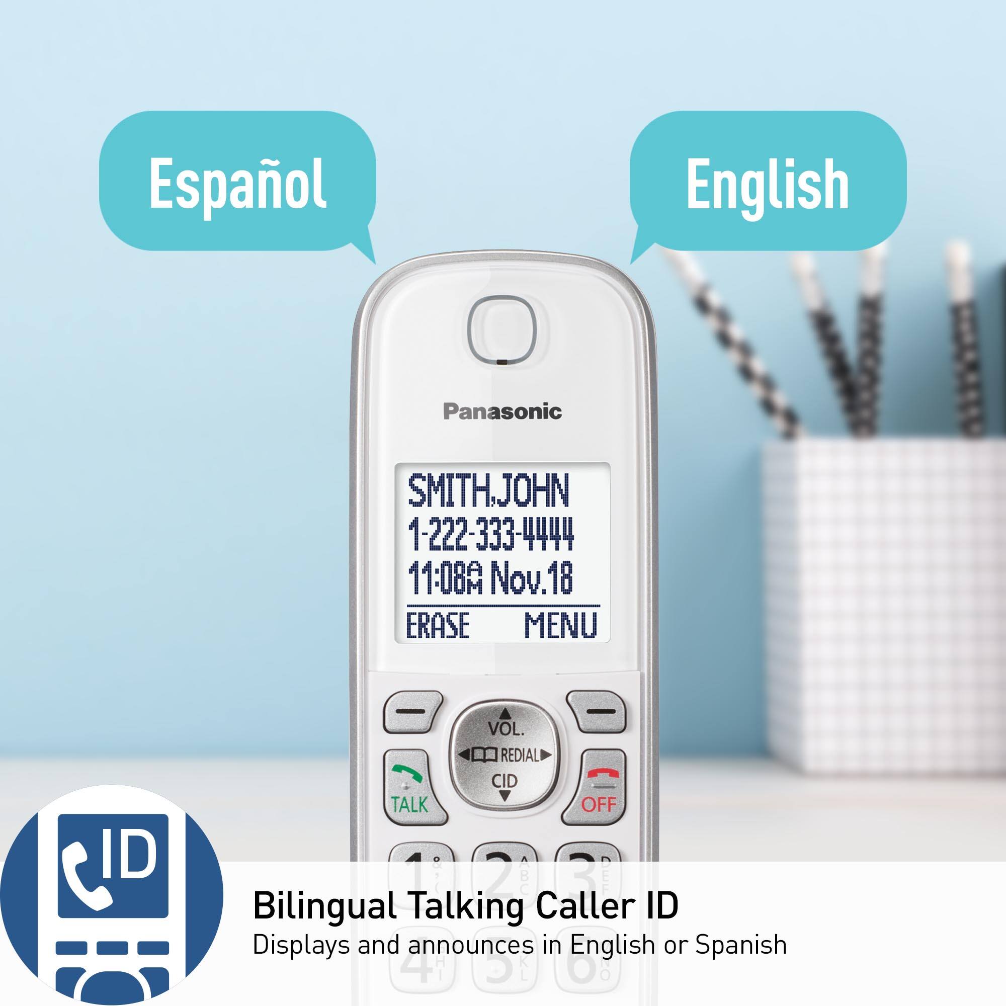 The text on the image is already grouped and corrected. It reads:

"Bilingual Talking Caller ID Displays and announces in English or Spanish. Panasonic SMITHJOHN 1-222-333-4444 11:08A Nov.18 18 ERASE MENU ID VOL. REDIAL CID TALK OFF 3"