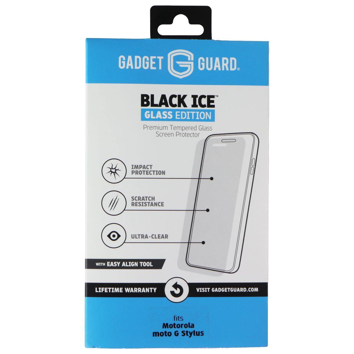 GADGET GUARD. BLACK ICE GLASS EDITION Premium Tempered Glass Screen Protector IMPACT PROTECTION SCRATCH RESISTANCE ULTRA-CLEAR WITH EASY ALIGN TOOL LIFETIME WARRANTY VISIT GADGETGUARD.COM fits Motorola moto G Stylus