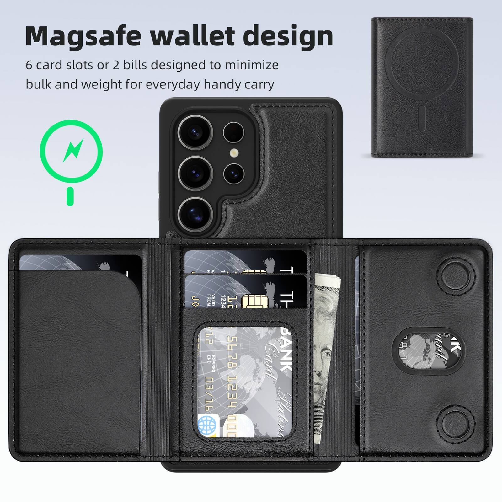 Magsafe wallet design  
6 card slots or 2 bills designed to minimize bulk and weight for everyday handy carry  

VALID 12 END FXPRFS 03/16 1234 1E 5678 HESL 000 TH BANK Gativa J P Ak